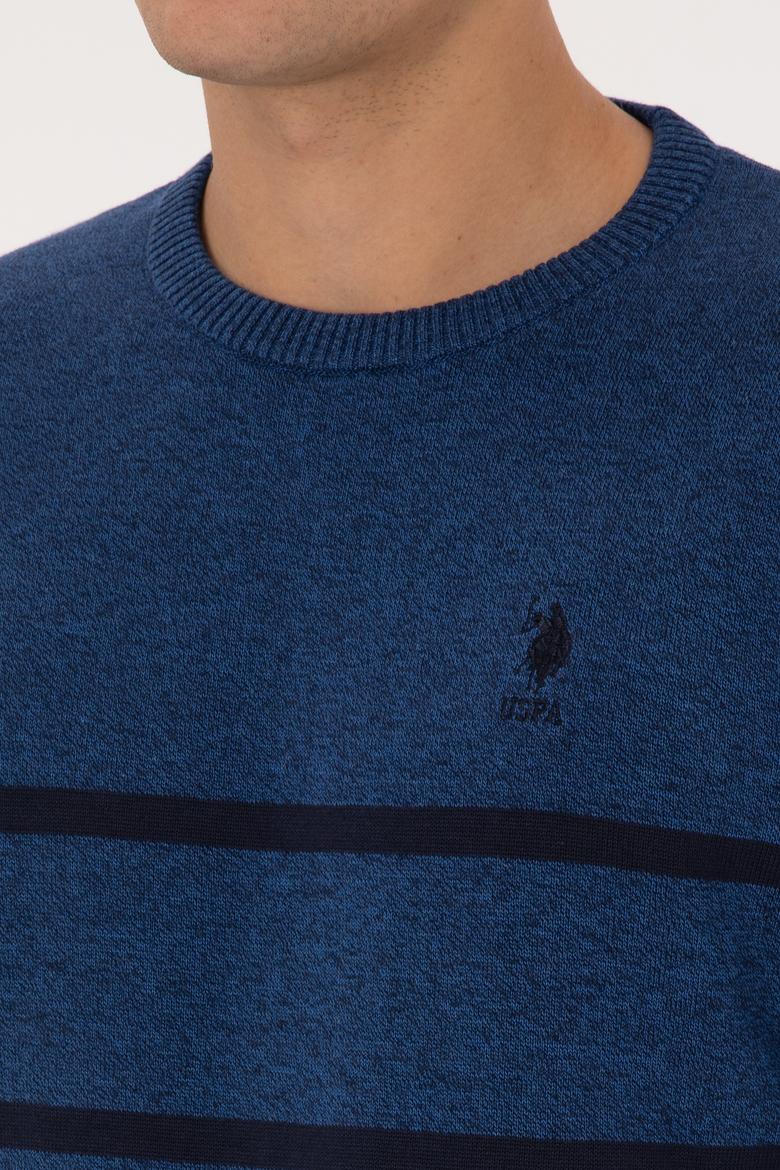 Erkek Slim Fit Bisiklet Yaka Çizgili Açık Lacivert Kazak - 50314976014