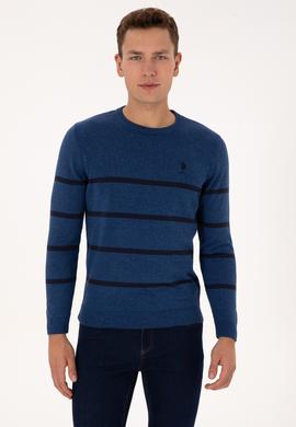 Erkek Slim Fit Bisiklet Yaka Çizgili Açık Lacivert Kazak - 50314976014