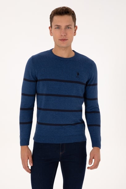 Erkek Slim Fit Bisiklet Yaka Çizgili Açık Lacivert Kazak