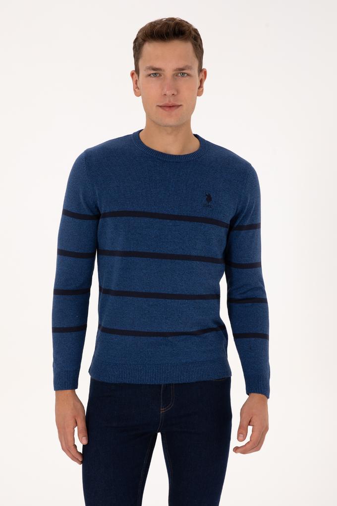 Erkek Slim Fit Bisiklet Yaka Çizgili Açık Lacivert Kazak