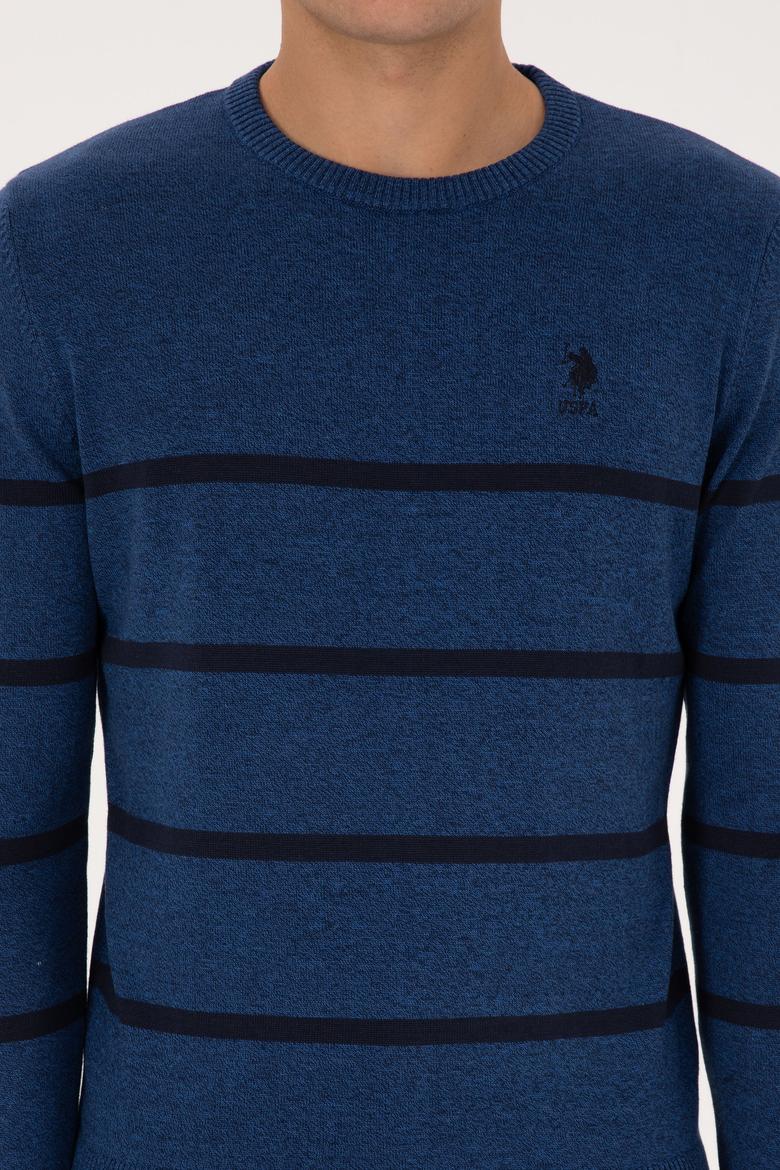 Erkek Slim Fit Bisiklet Yaka Çizgili Açık Lacivert Kazak - 50314976014