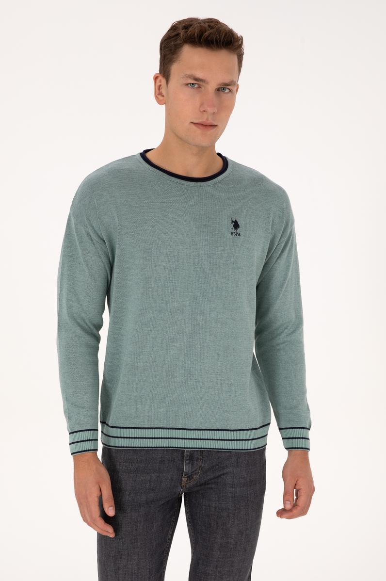 Erkek Comfort Fit Yaka Detaylı Mint Kazak