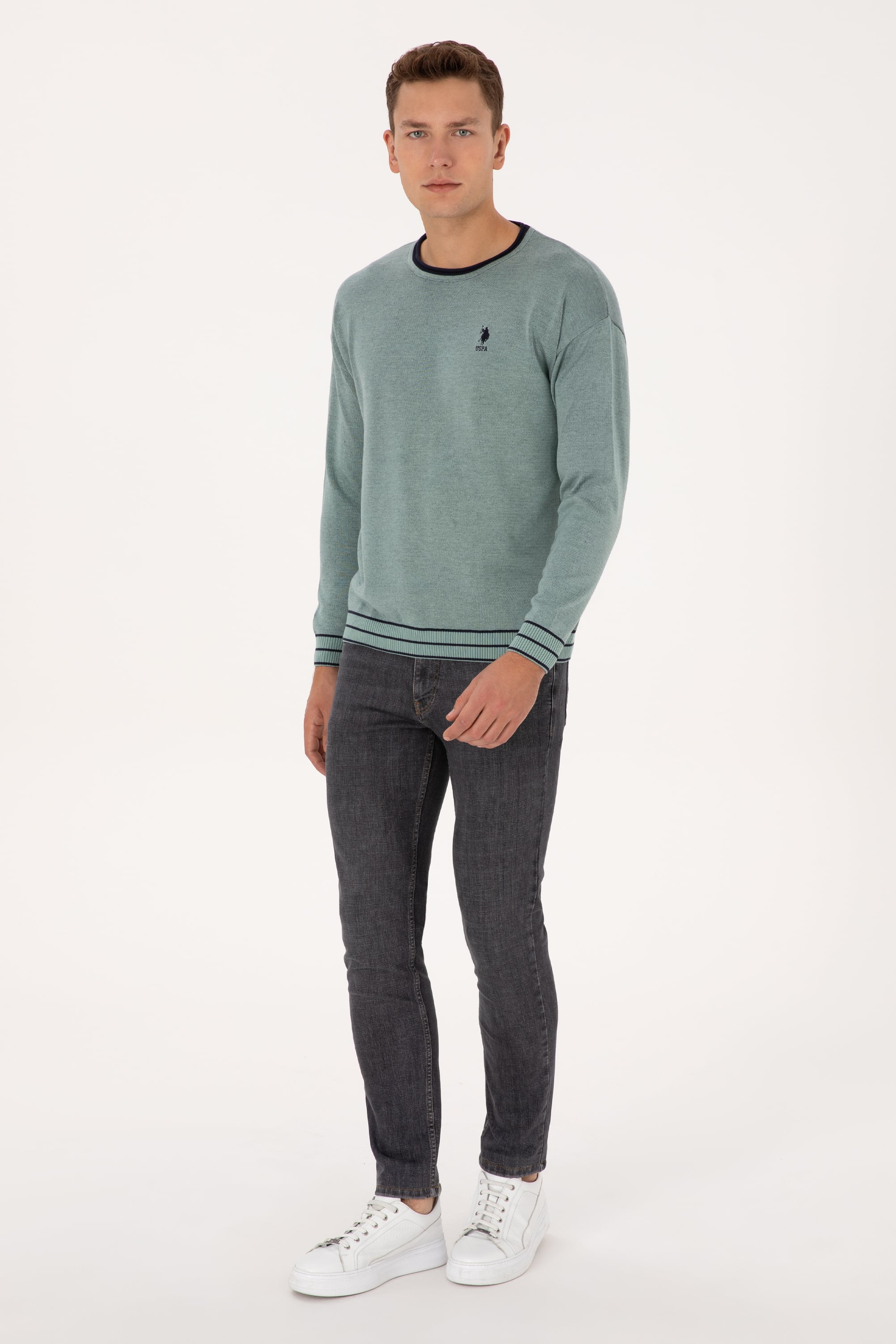 Erkek Comfort Fit Yaka Detaylı Mint Kazak