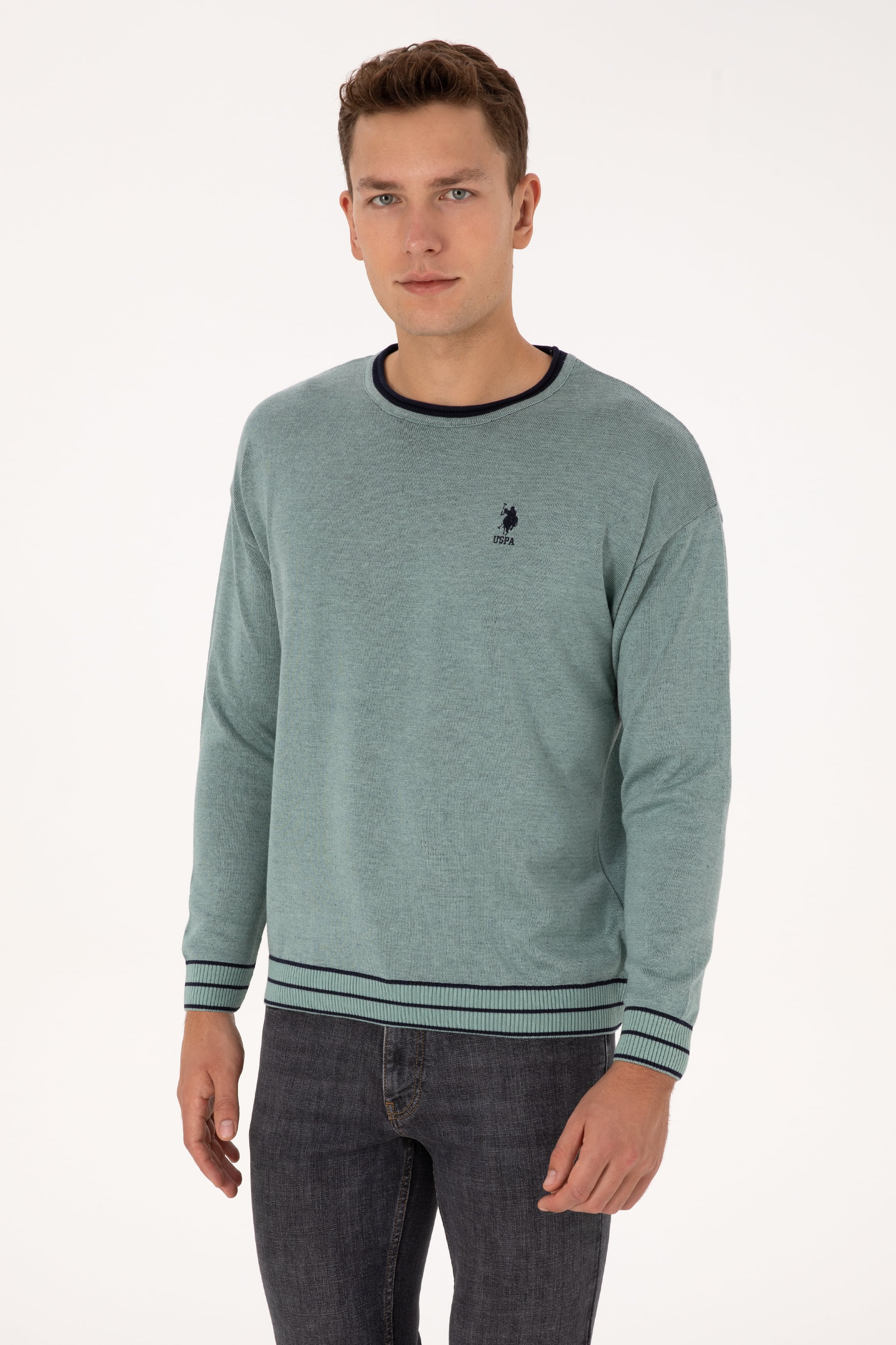 Erkek Comfort Fit Yaka Detaylı Mint Kazak