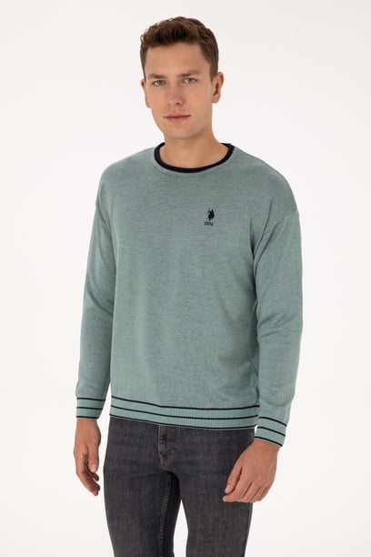 Erkek Comfort Fit Yaka Detaylı Mint Kazak