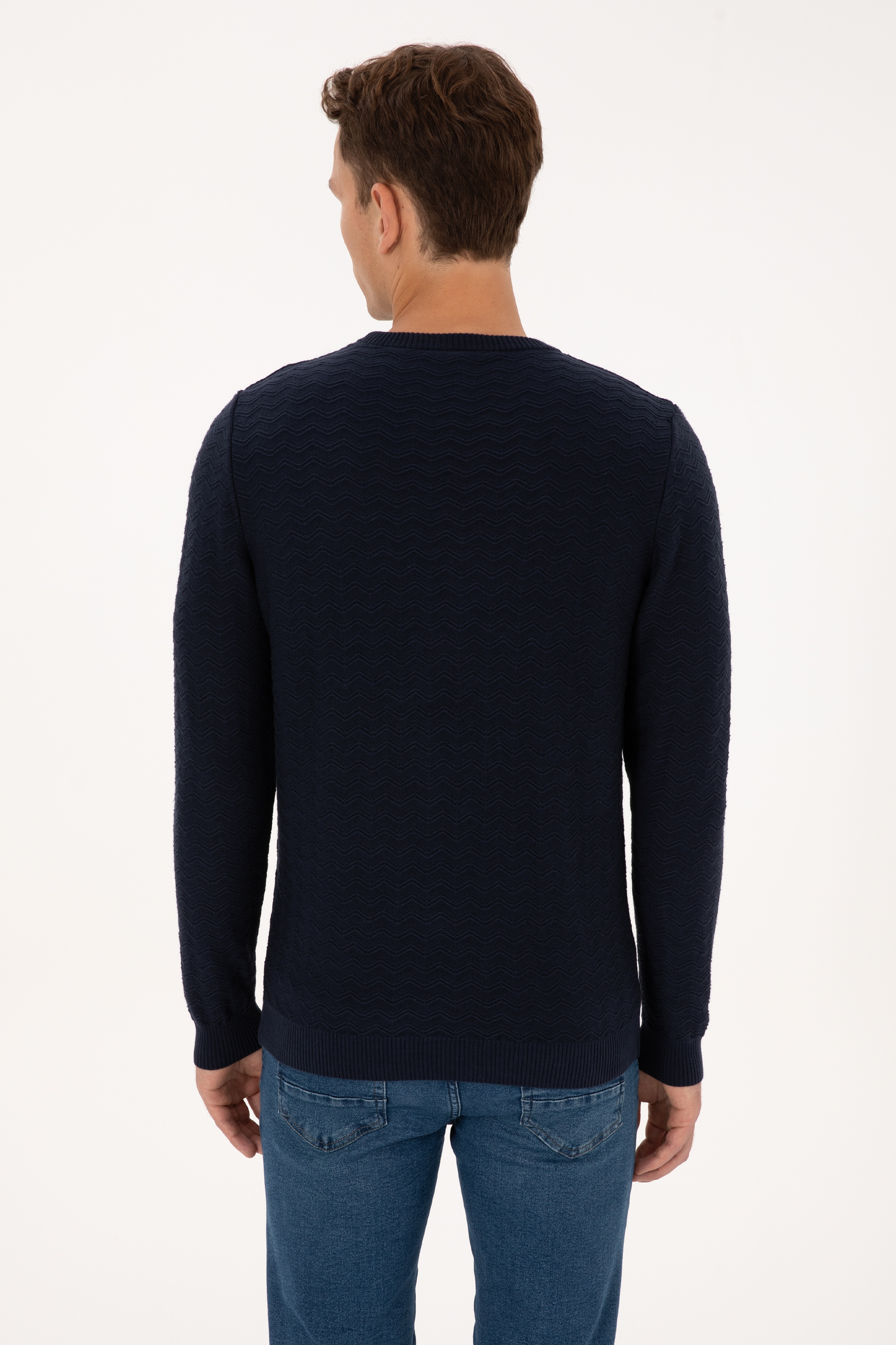 Erkek Slim Fit Bisiklet Yaka Desenli Lacivert Kazak - Image 5