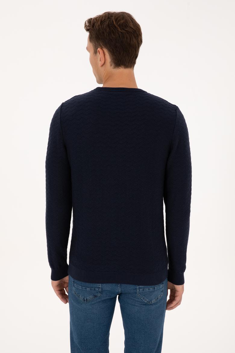 Erkek Slim Fit Bisiklet Yaka Desenli Lacivert Kazak - 50308251024