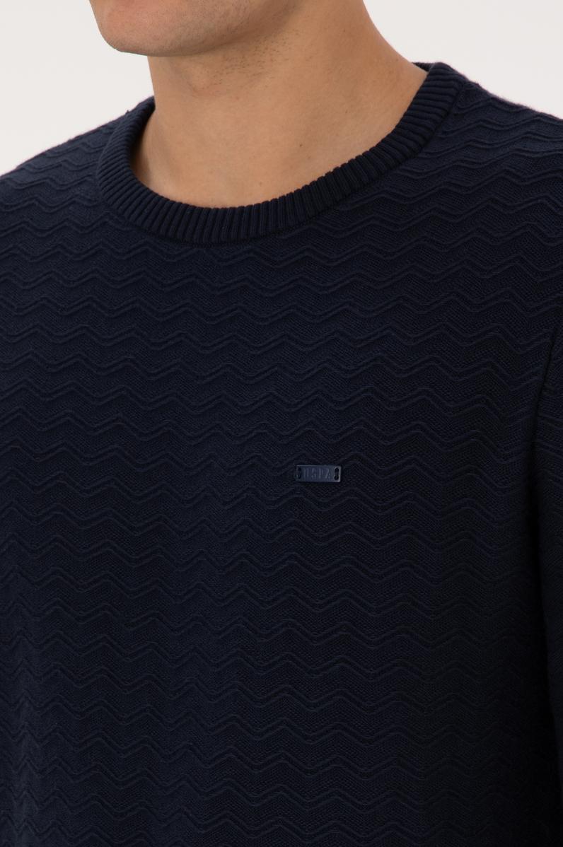 Erkek Slim Fit Bisiklet Yaka Desenli Lacivert Kazak