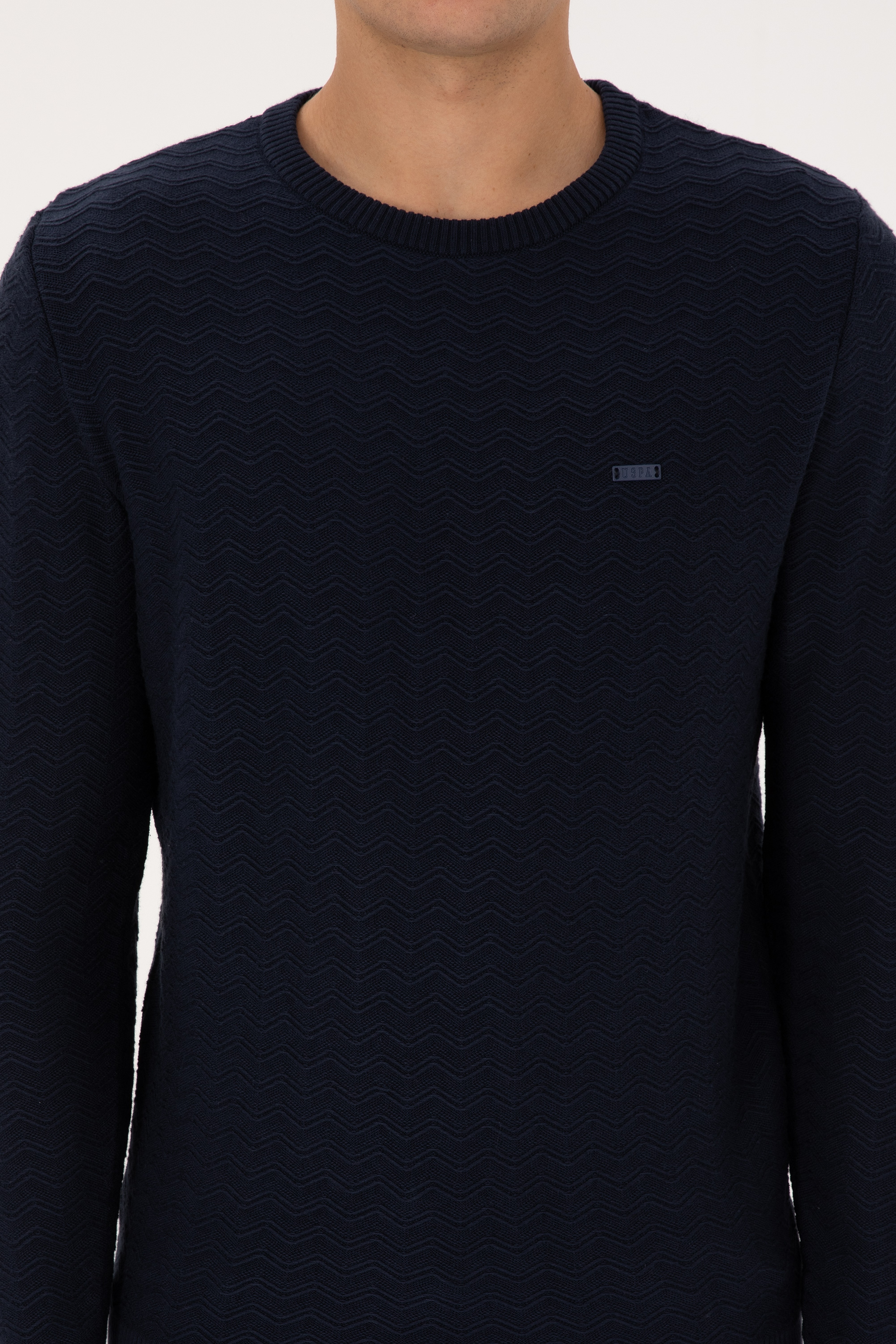 Erkek Slim Fit Bisiklet Yaka Desenli Lacivert Kazak - Image 6