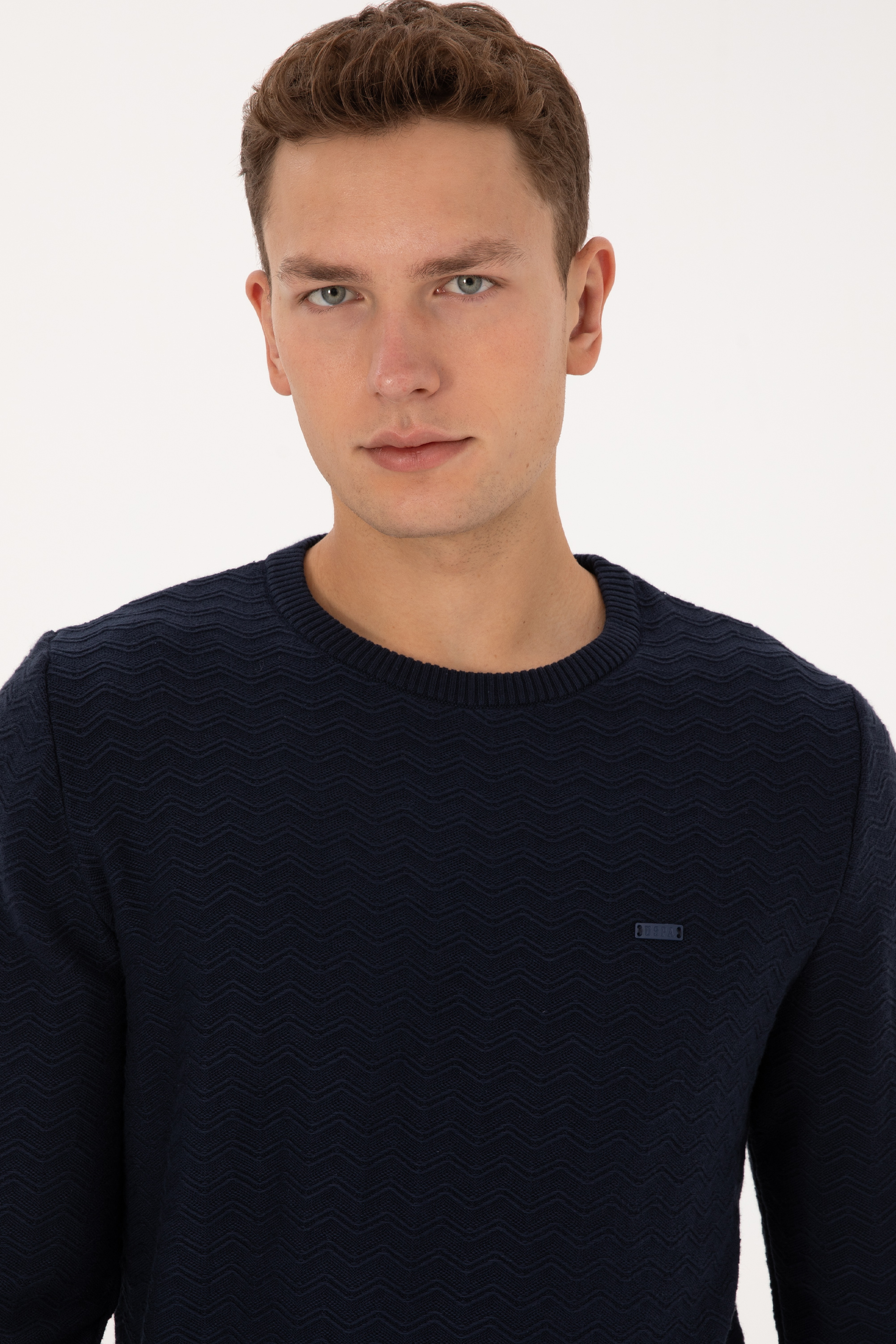 Erkek Slim Fit Bisiklet Yaka Desenli Lacivert Kazak - Image 2