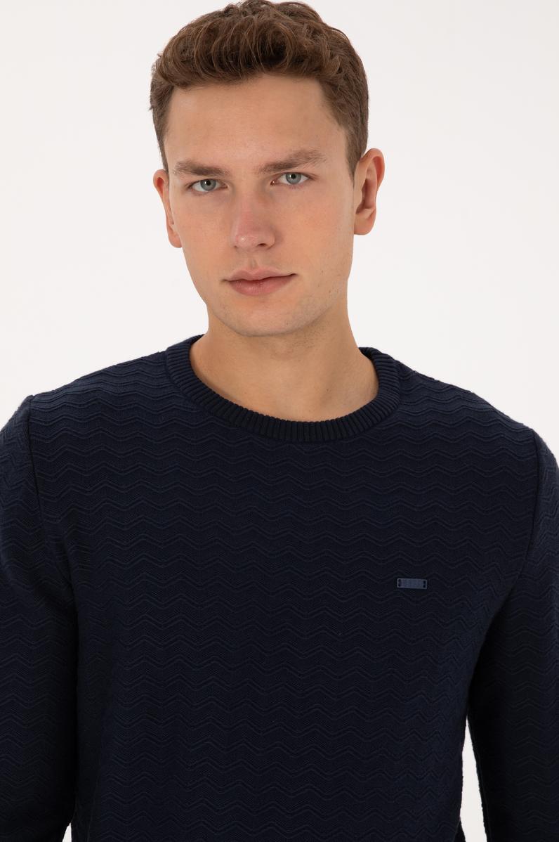 Erkek Slim Fit Bisiklet Yaka Desenli Lacivert Kazak