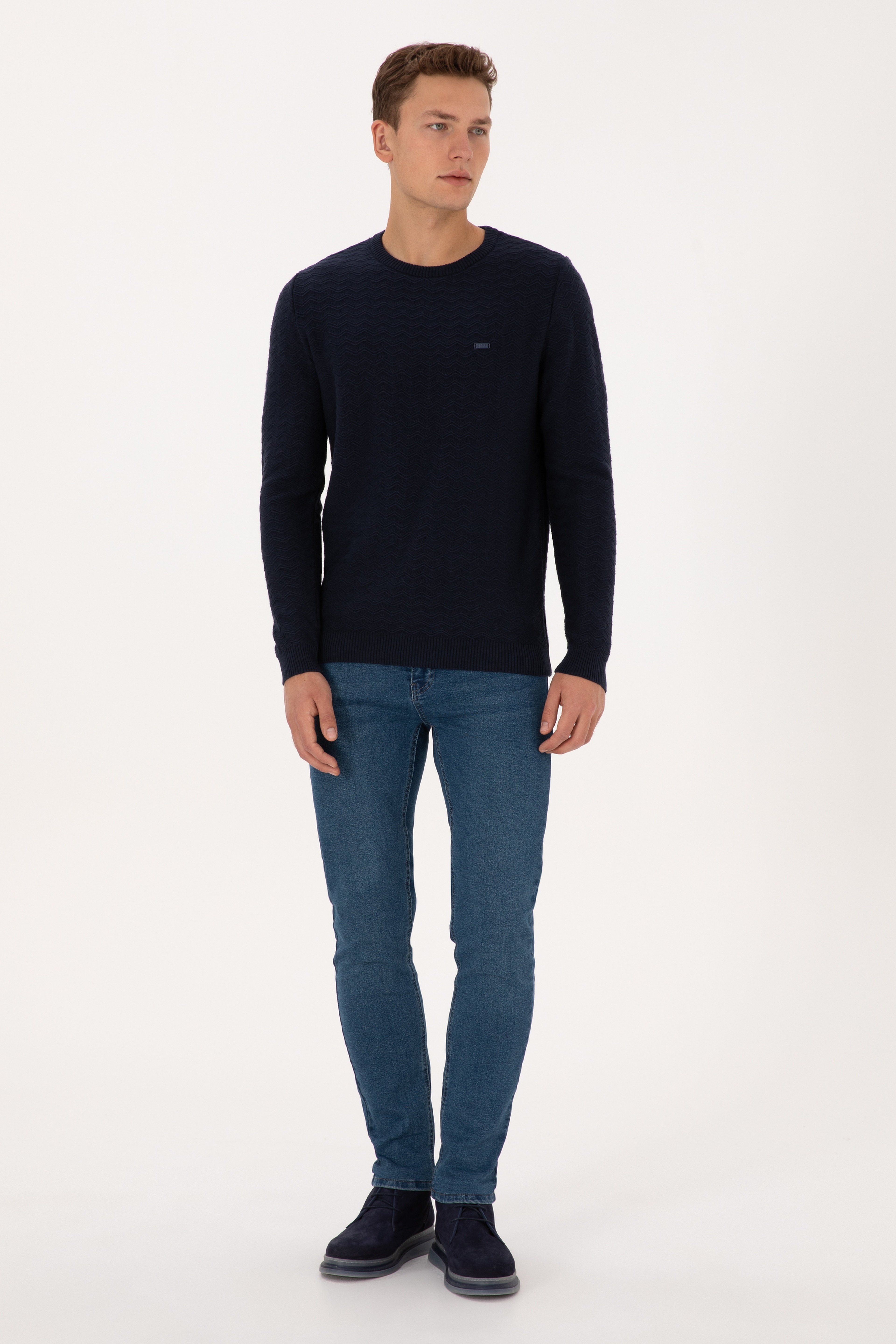 Erkek Slim Fit Bisiklet Yaka Desenli Lacivert Kazak - Image 4
