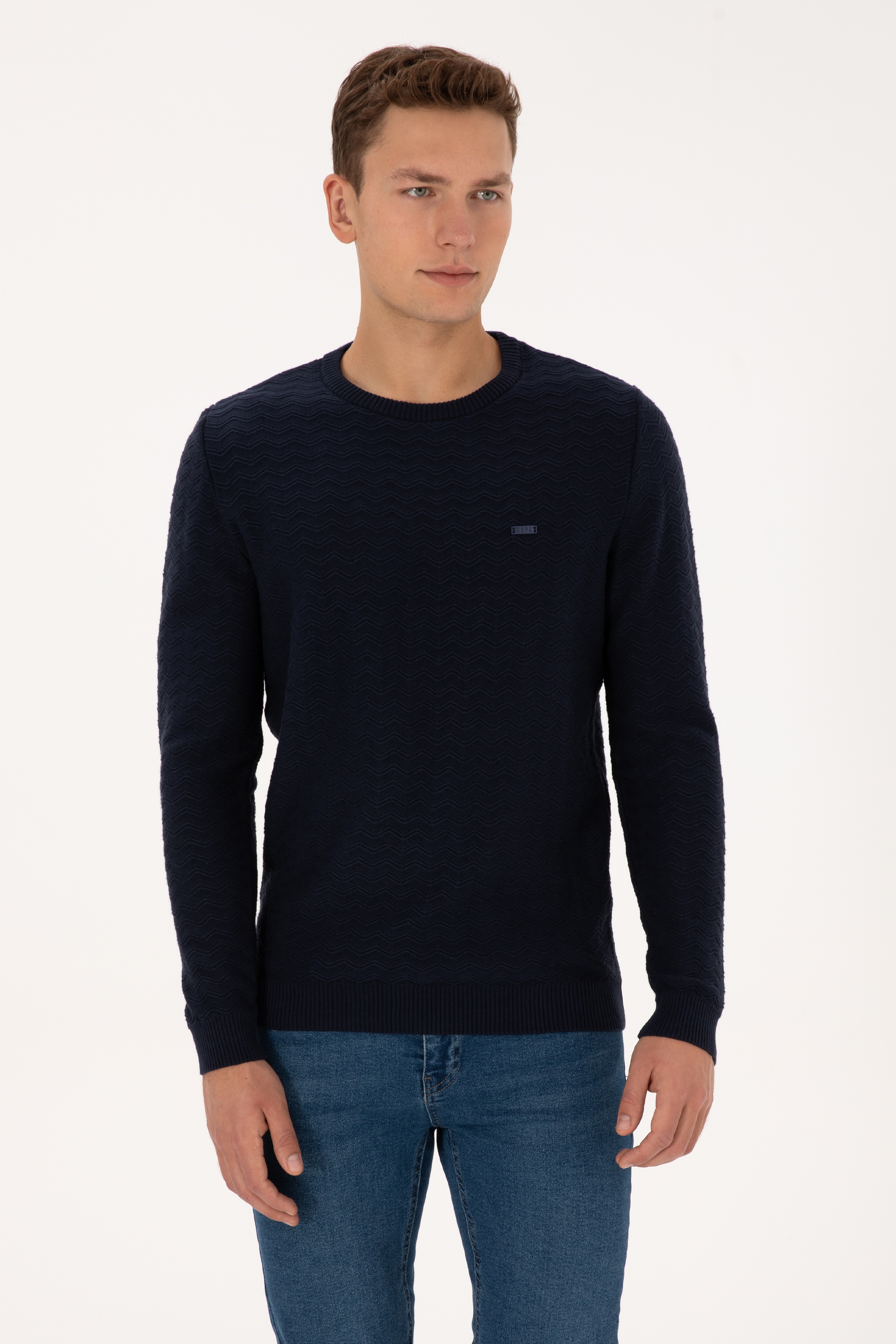 Erkek Slim Fit Bisiklet Yaka Desenli Lacivert Kazak - Image 1