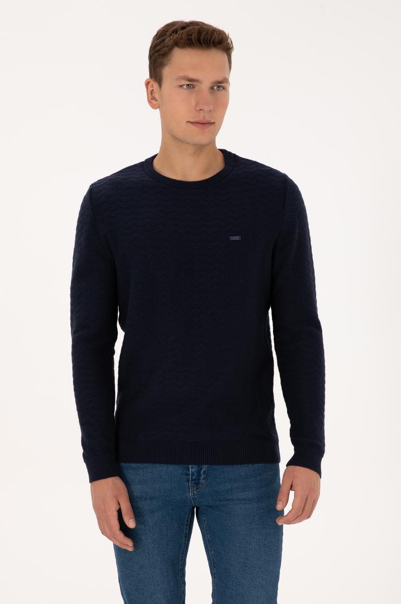 Erkek Slim Fit Bisiklet Yaka Desenli Lacivert Kazak