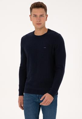 Erkek Slim Fit Bisiklet Yaka Desenli Lacivert Kazak - 50308251024