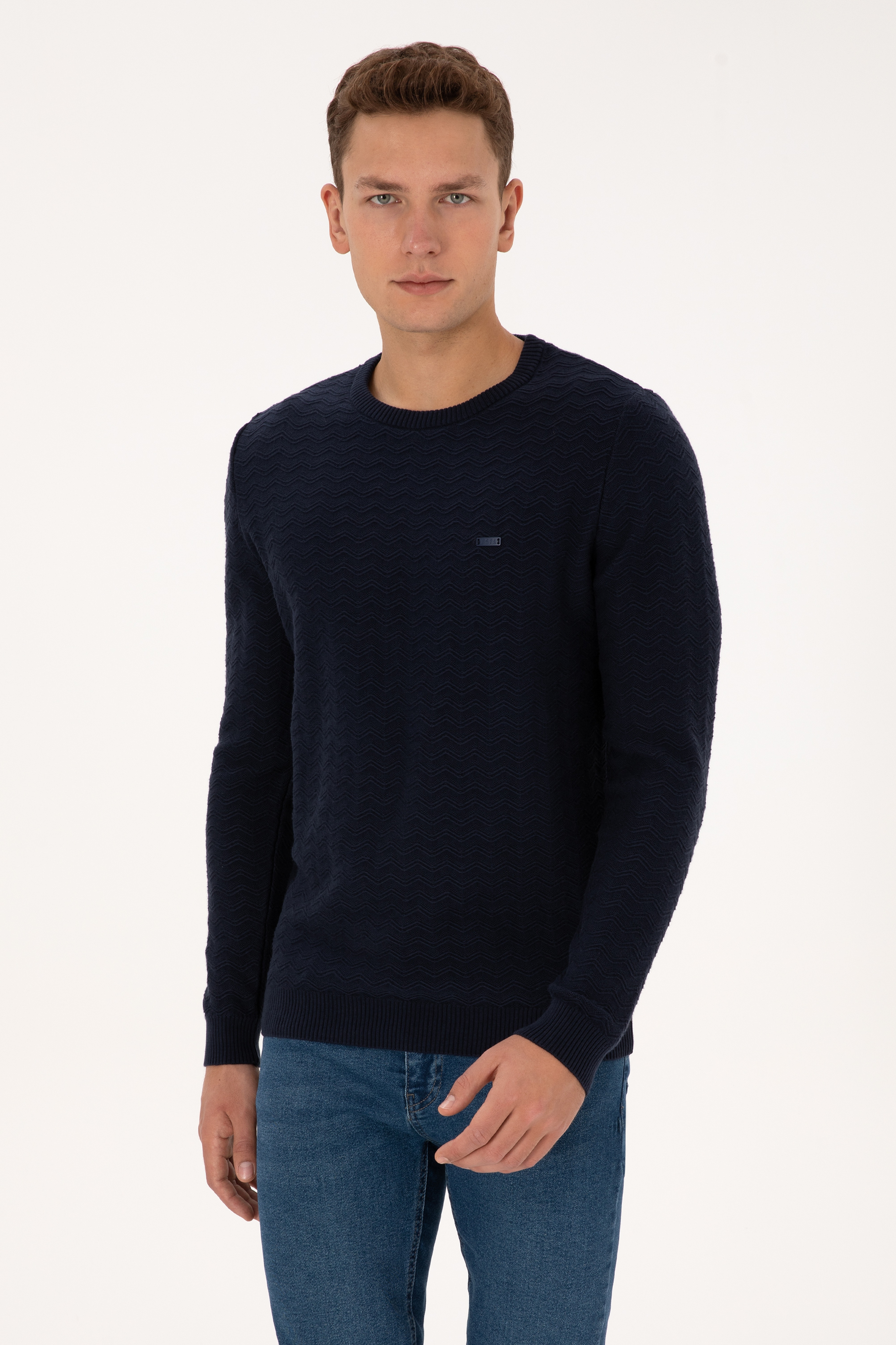Erkek Slim Fit Bisiklet Yaka Desenli Lacivert Kazak