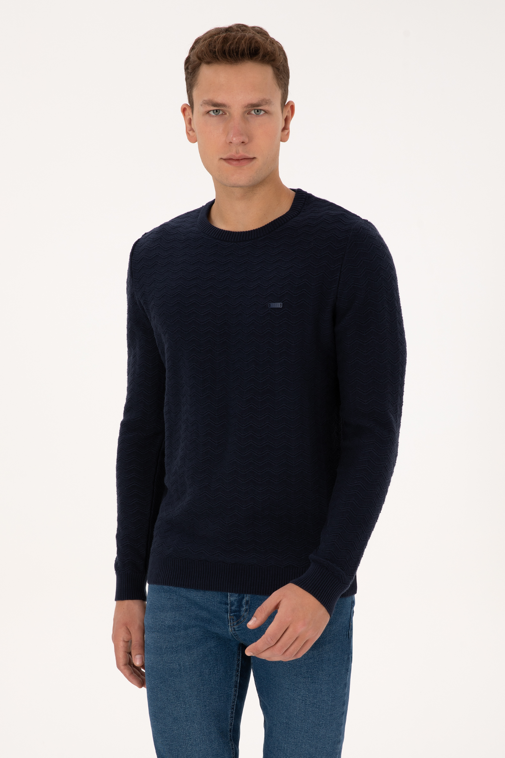 Erkek Slim Fit Bisiklet Yaka Desenli Lacivert Kazak