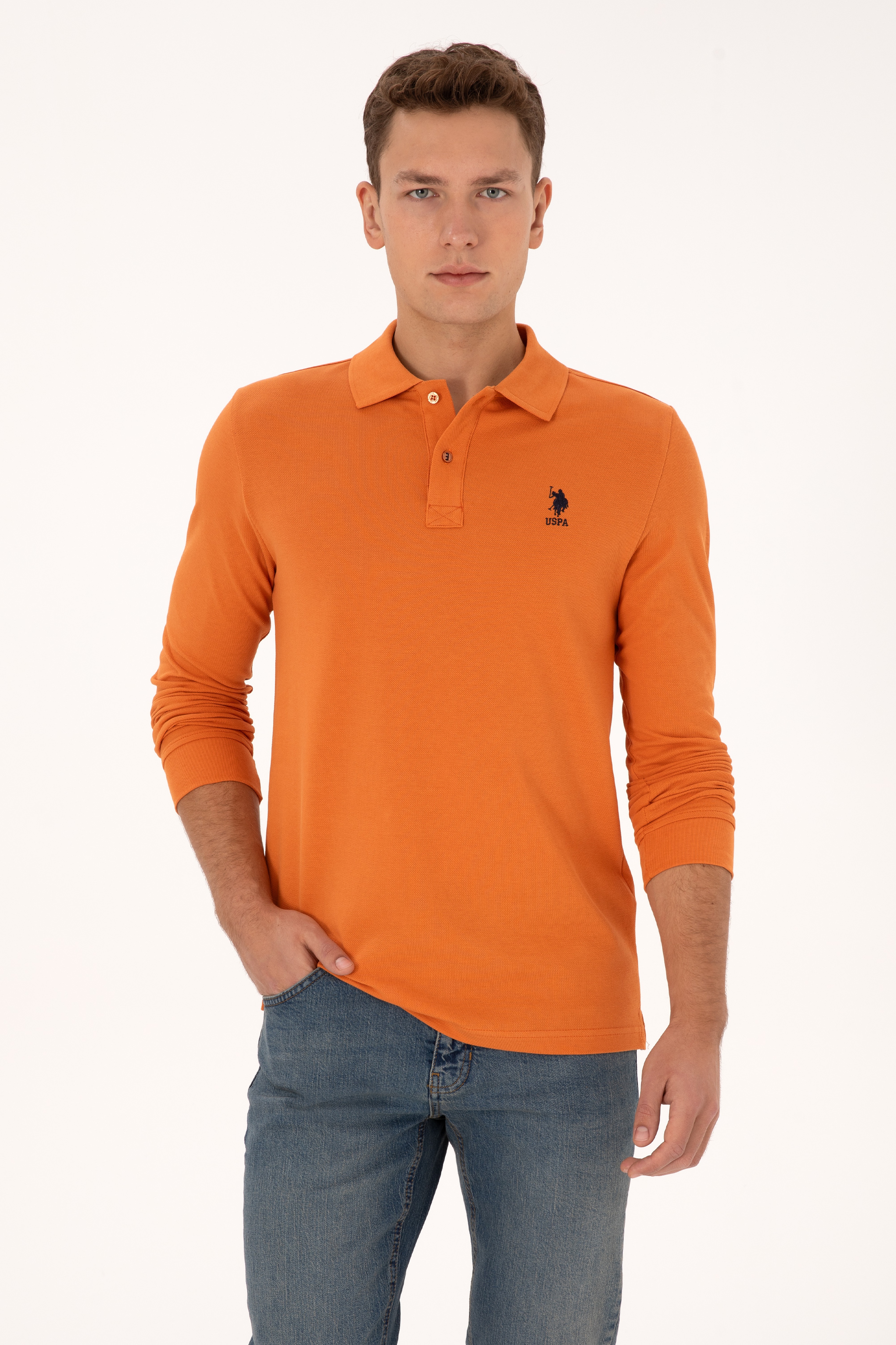 Erkek Regular Fit Polo Yaka Bakır Basic Sweatshirt - Image 1