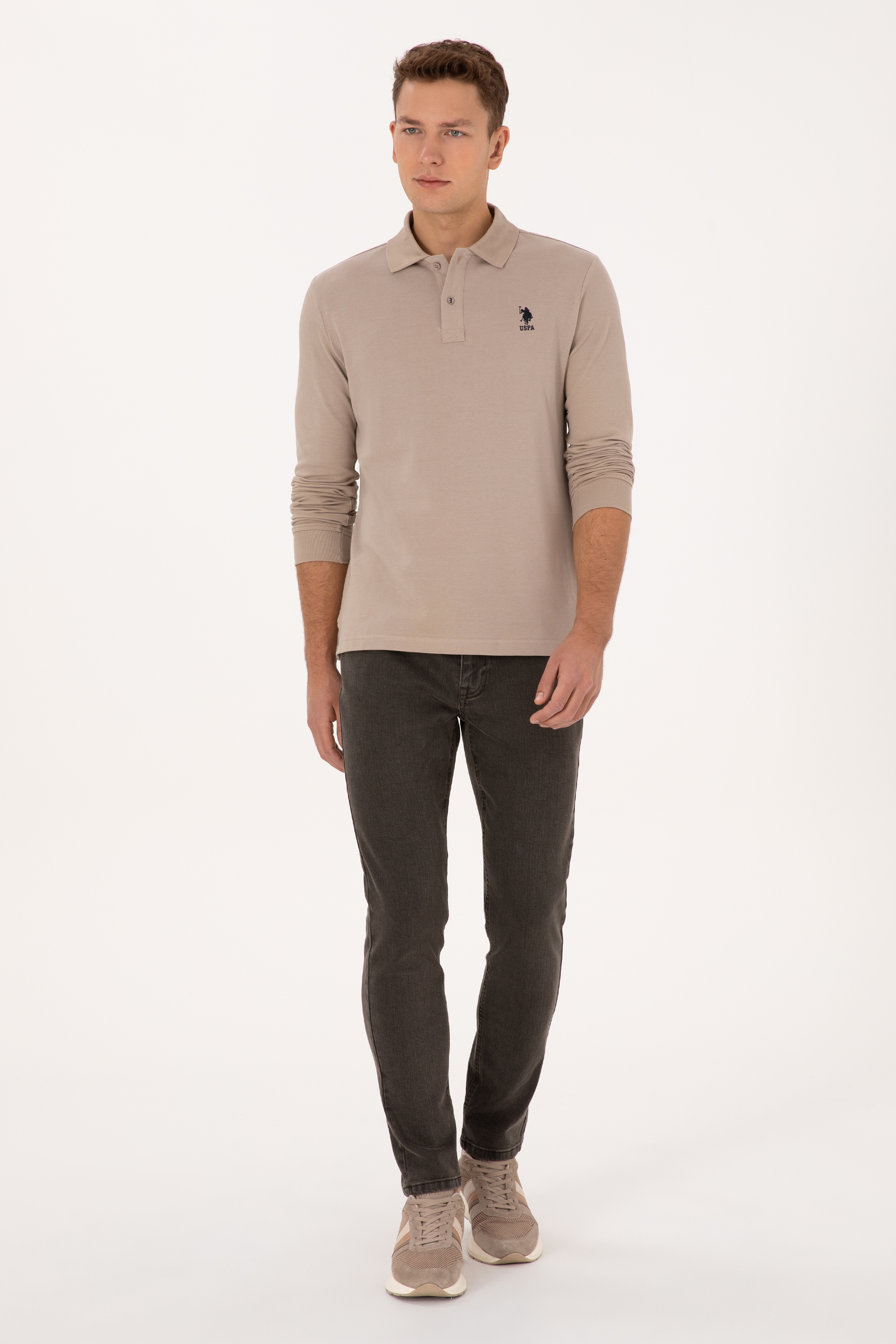 Erkek Regular Fit Polo Yaka Koyu Bej Basic Sweatshirt - Image 4
