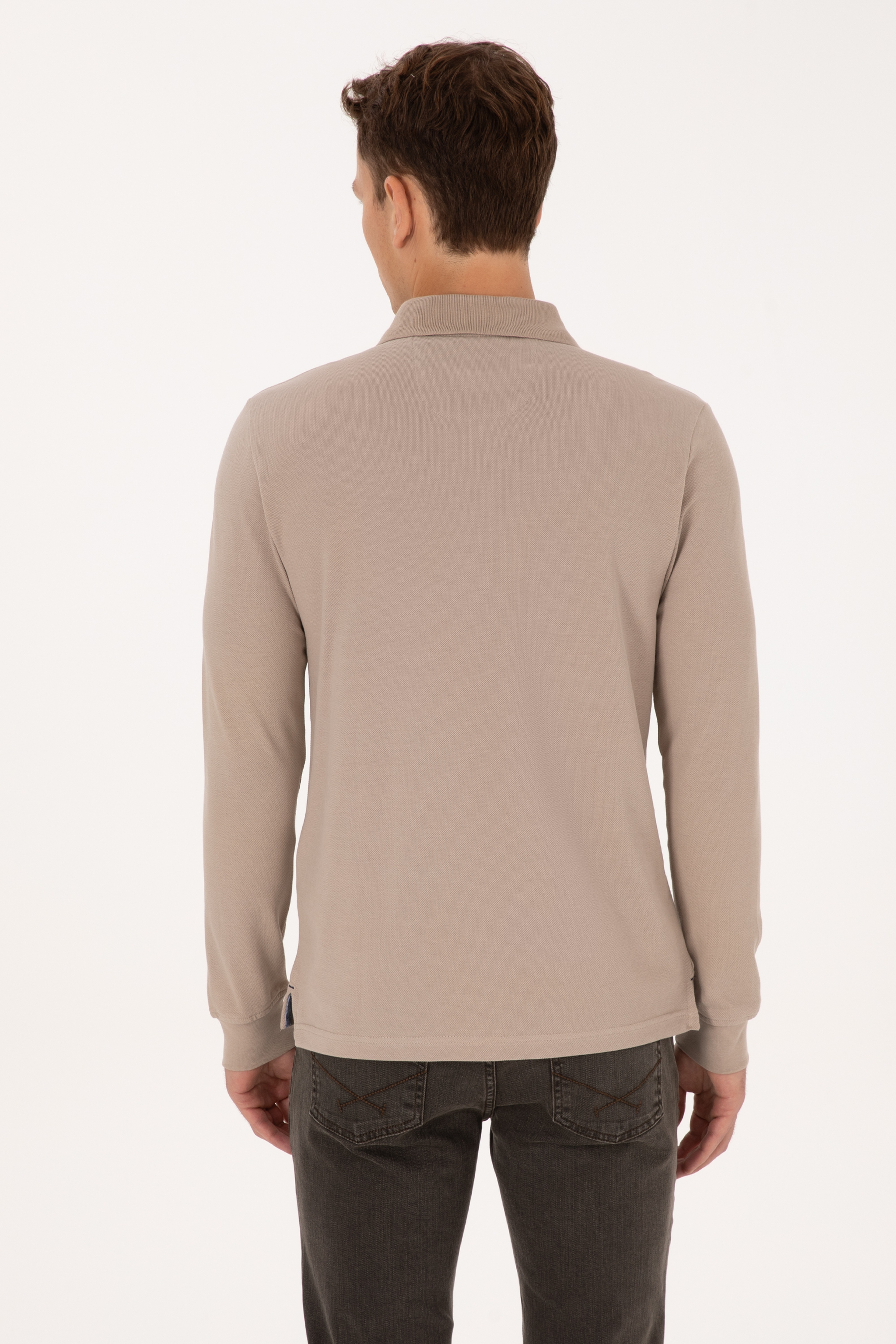 Erkek Regular Fit Polo Yaka Koyu Bej Basic Sweatshirt - Image 5