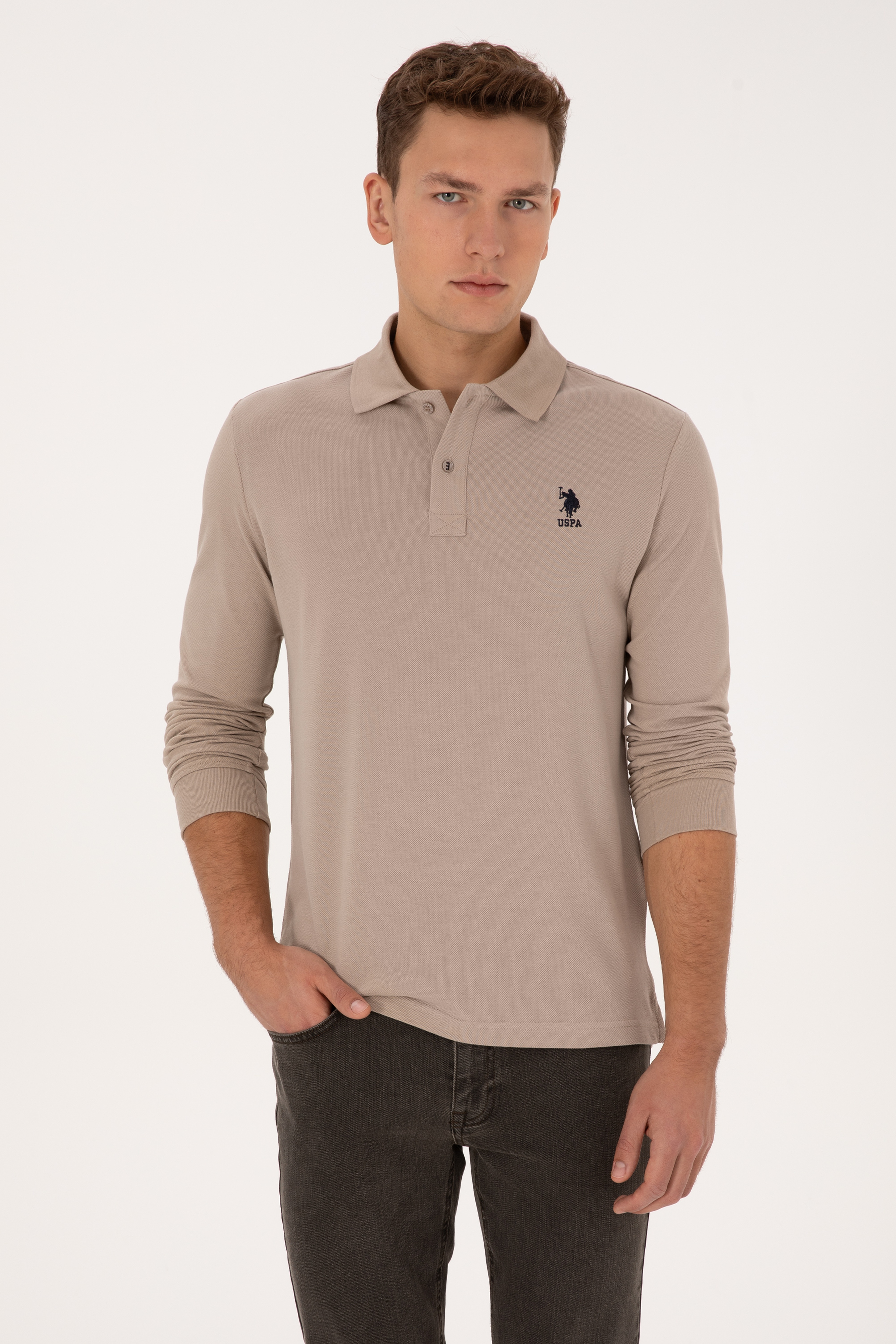 Erkek Regular Fit Polo Yaka Koyu Bej Basic Sweatshirt
