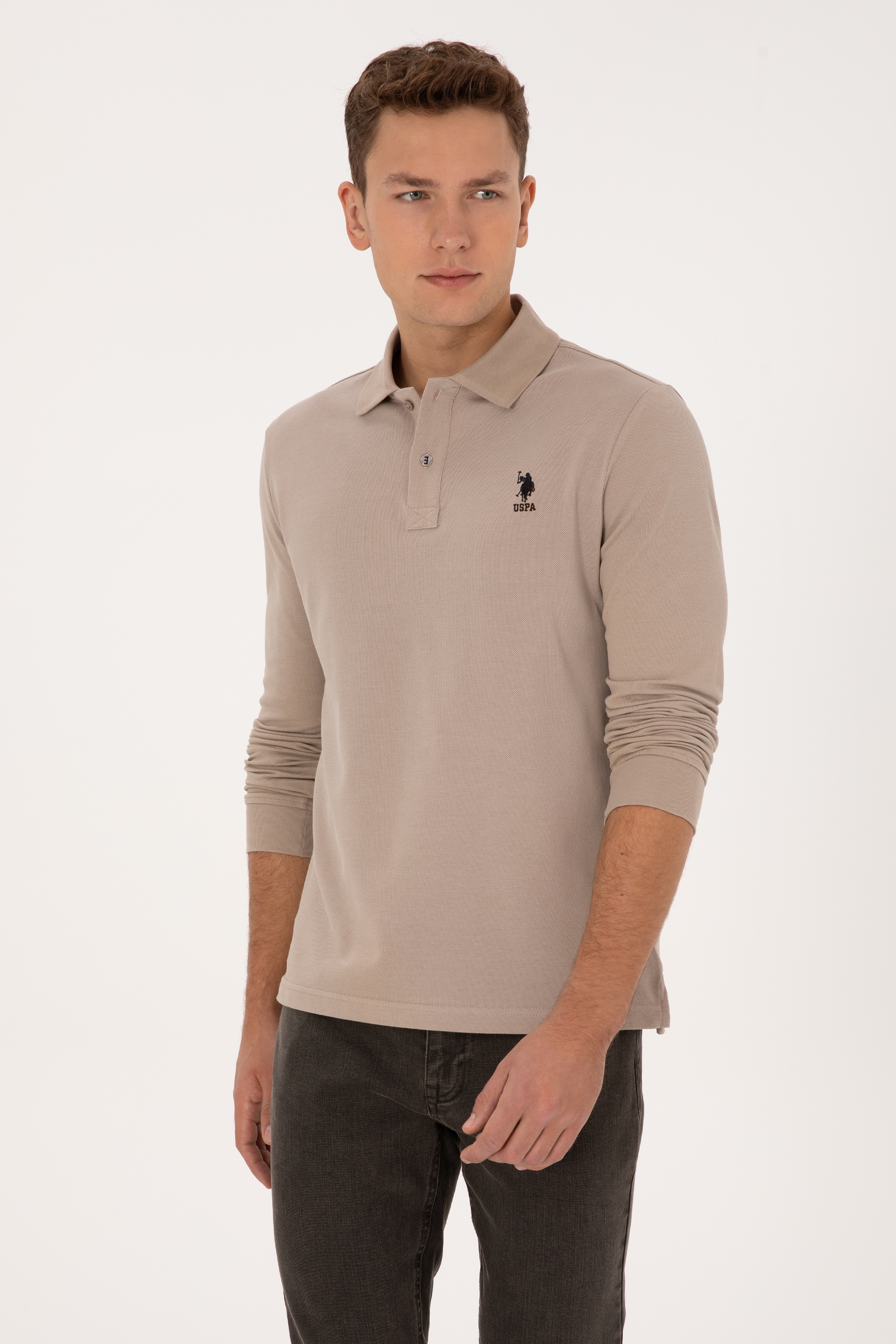 Erkek Regular Fit Polo Yaka Koyu Bej Basic Sweatshirt - Image 3