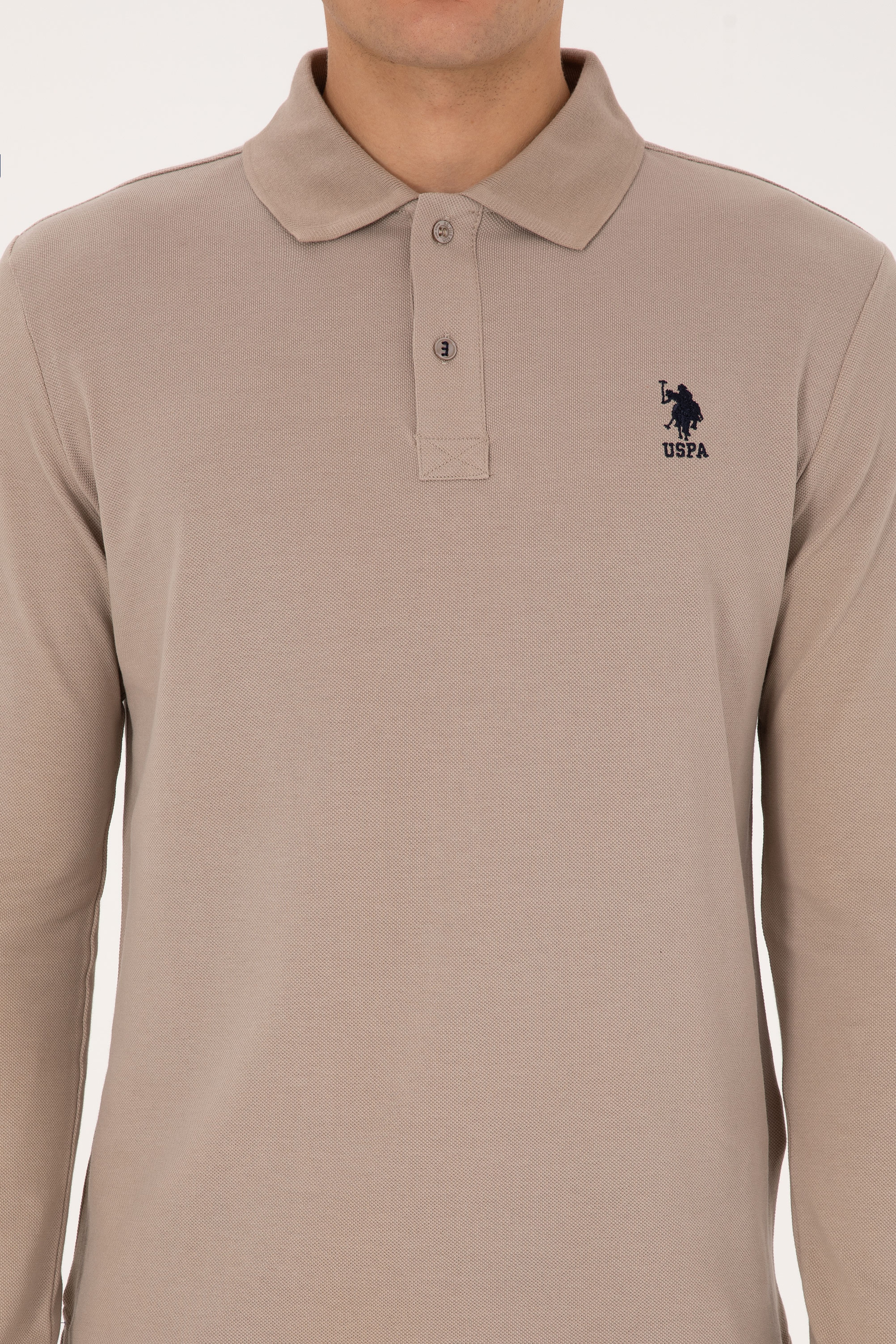Erkek Regular Fit Polo Yaka Koyu Bej Basic Sweatshirt - Image 6