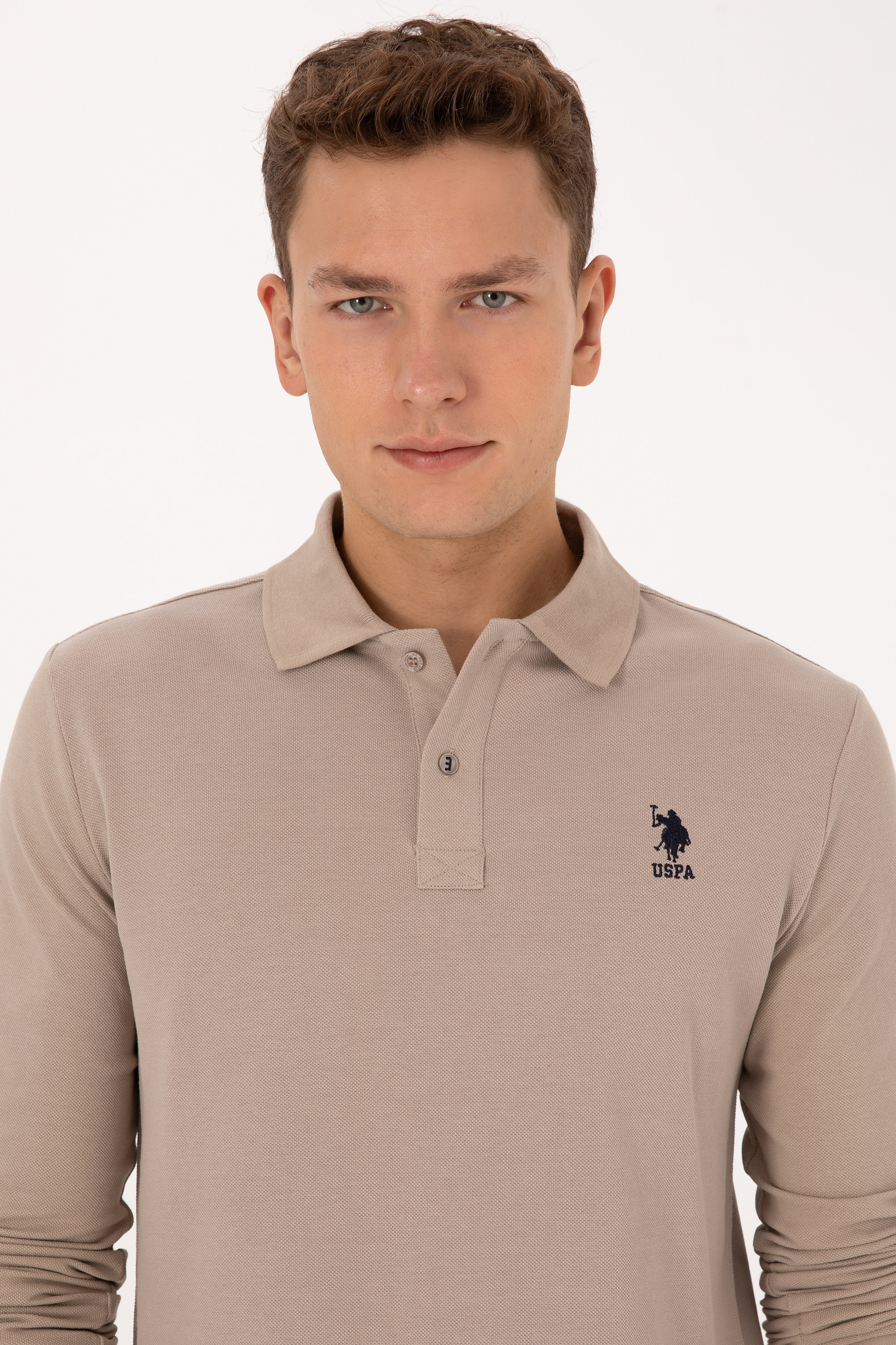 Erkek Regular Fit Polo Yaka Koyu Bej Basic Sweatshirt - Image 2
