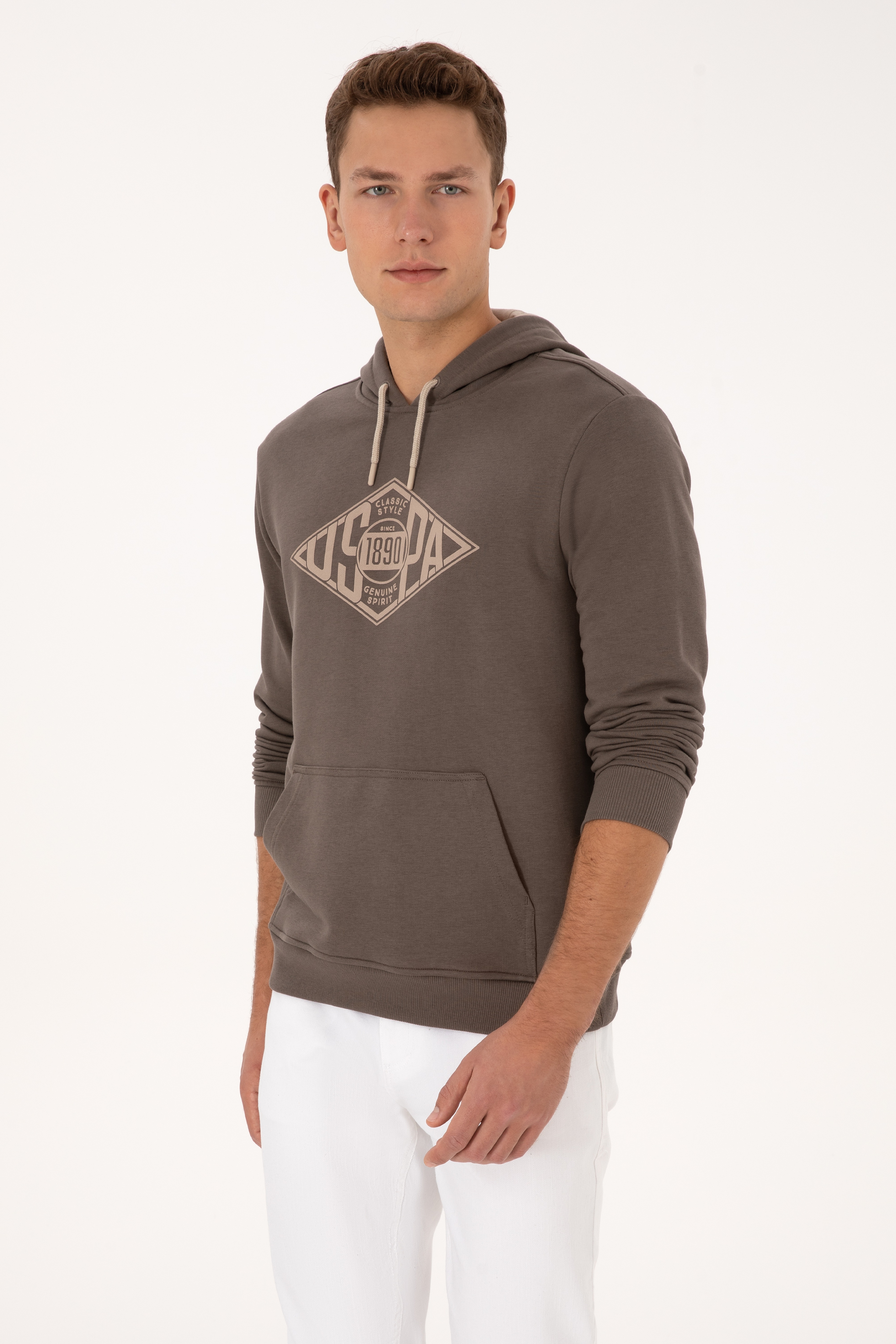 Erkek Regular Fit Kapüşonlu Vizon Sweatshirt - Image 3