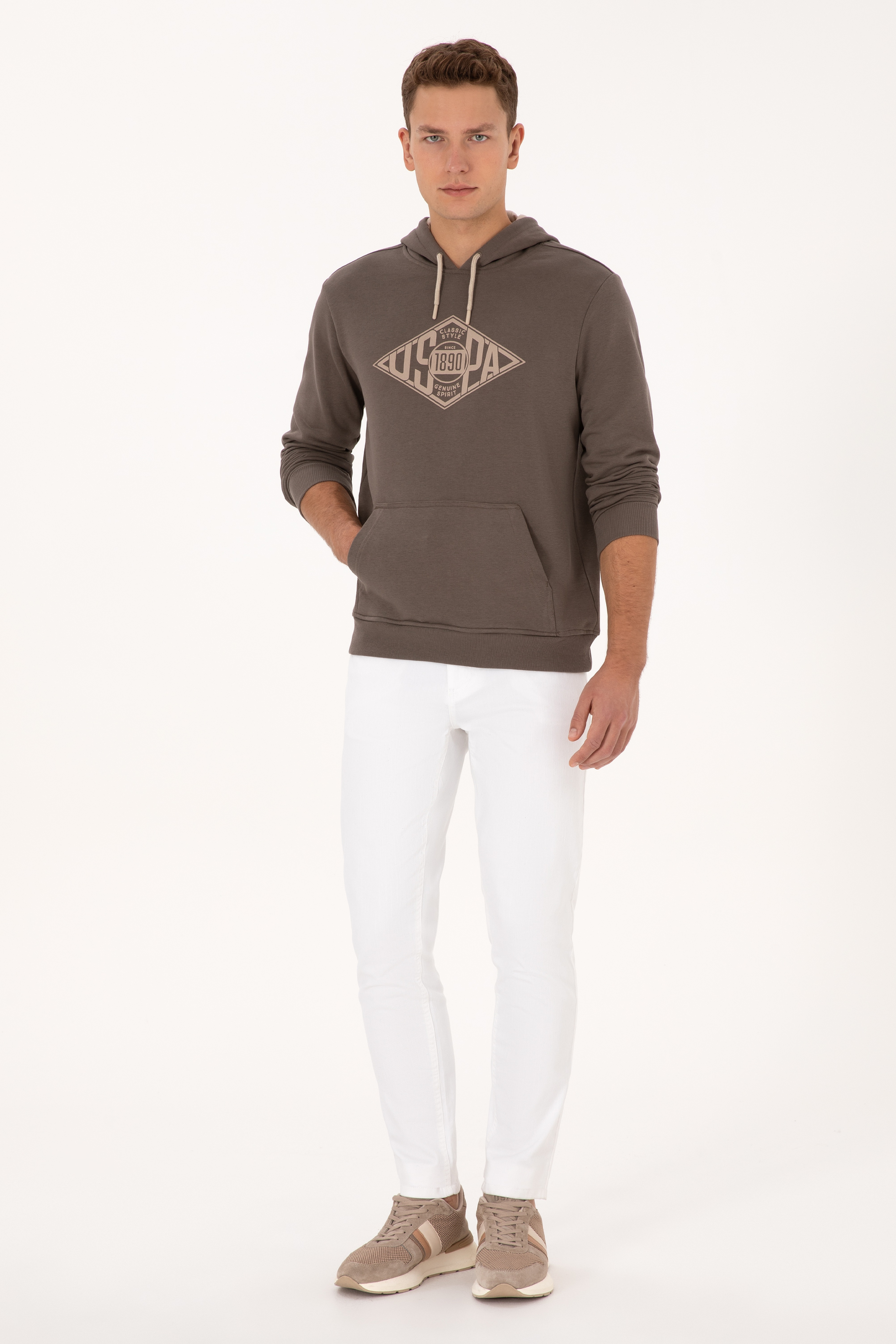 Erkek Regular Fit Kapüşonlu Vizon Sweatshirt - Image 4