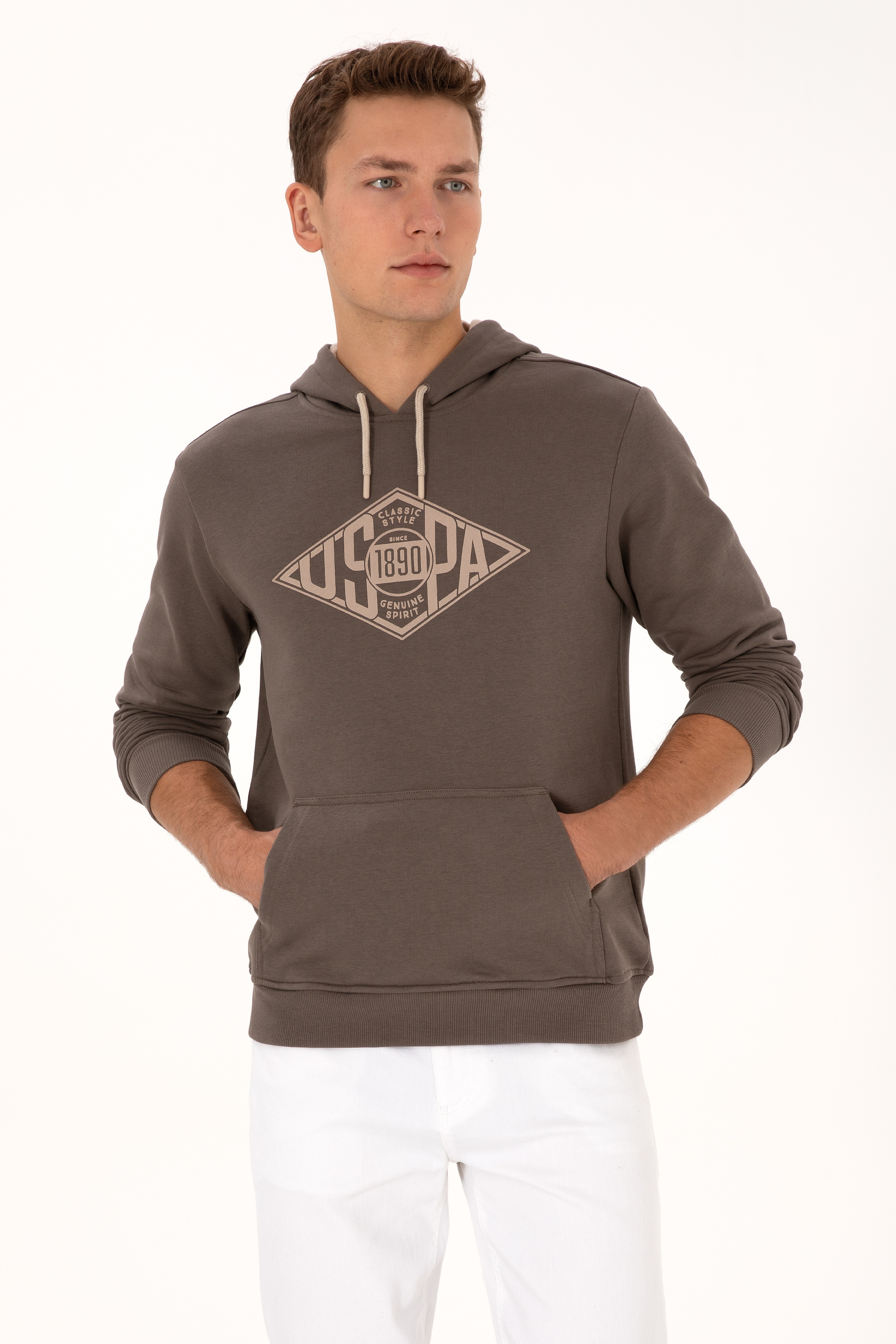 Erkek Regular Fit Kapüşonlu Vizon Sweatshirt - Image 1