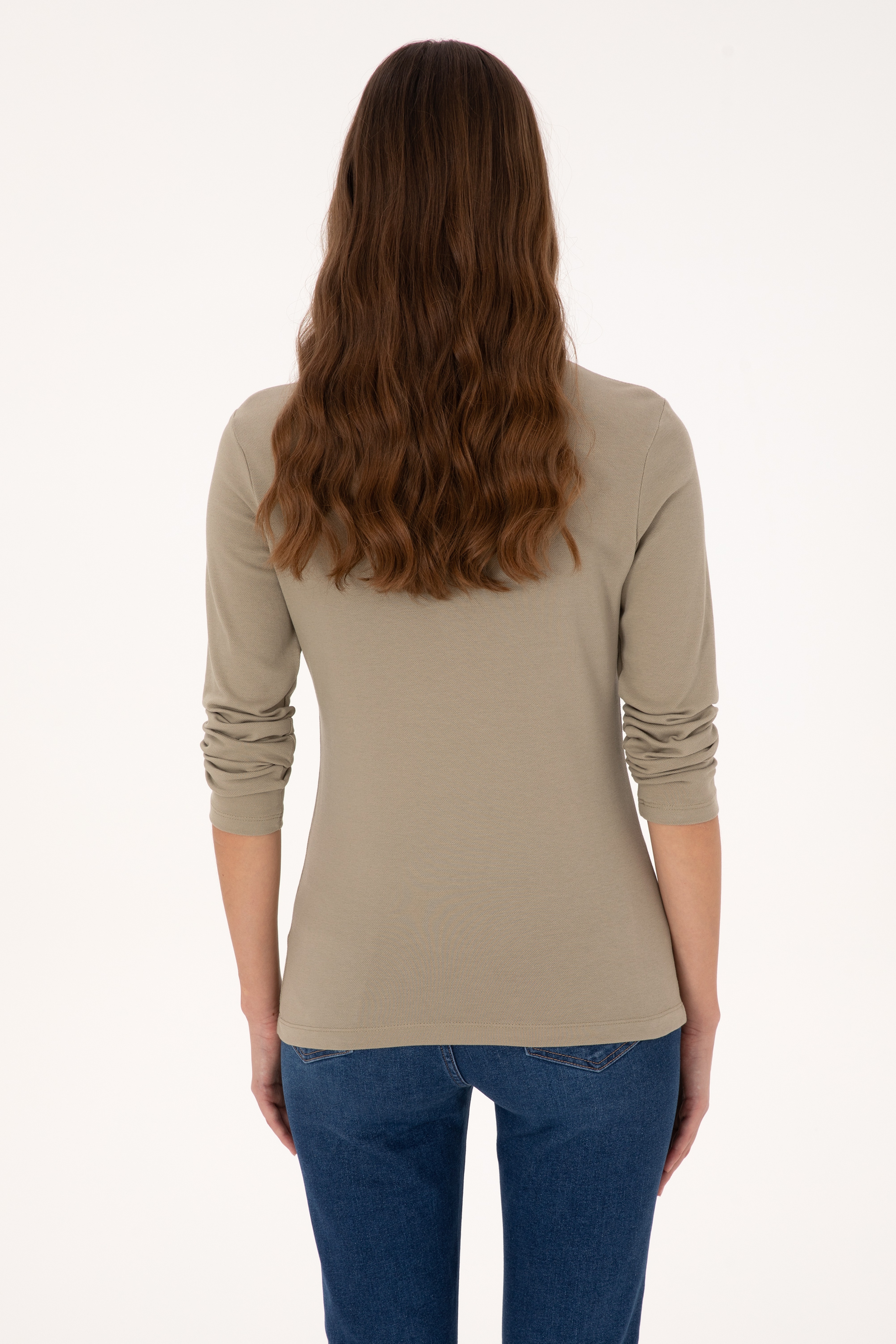 Kadın Açık Haki Basic Polo Yaka Sweatshırt