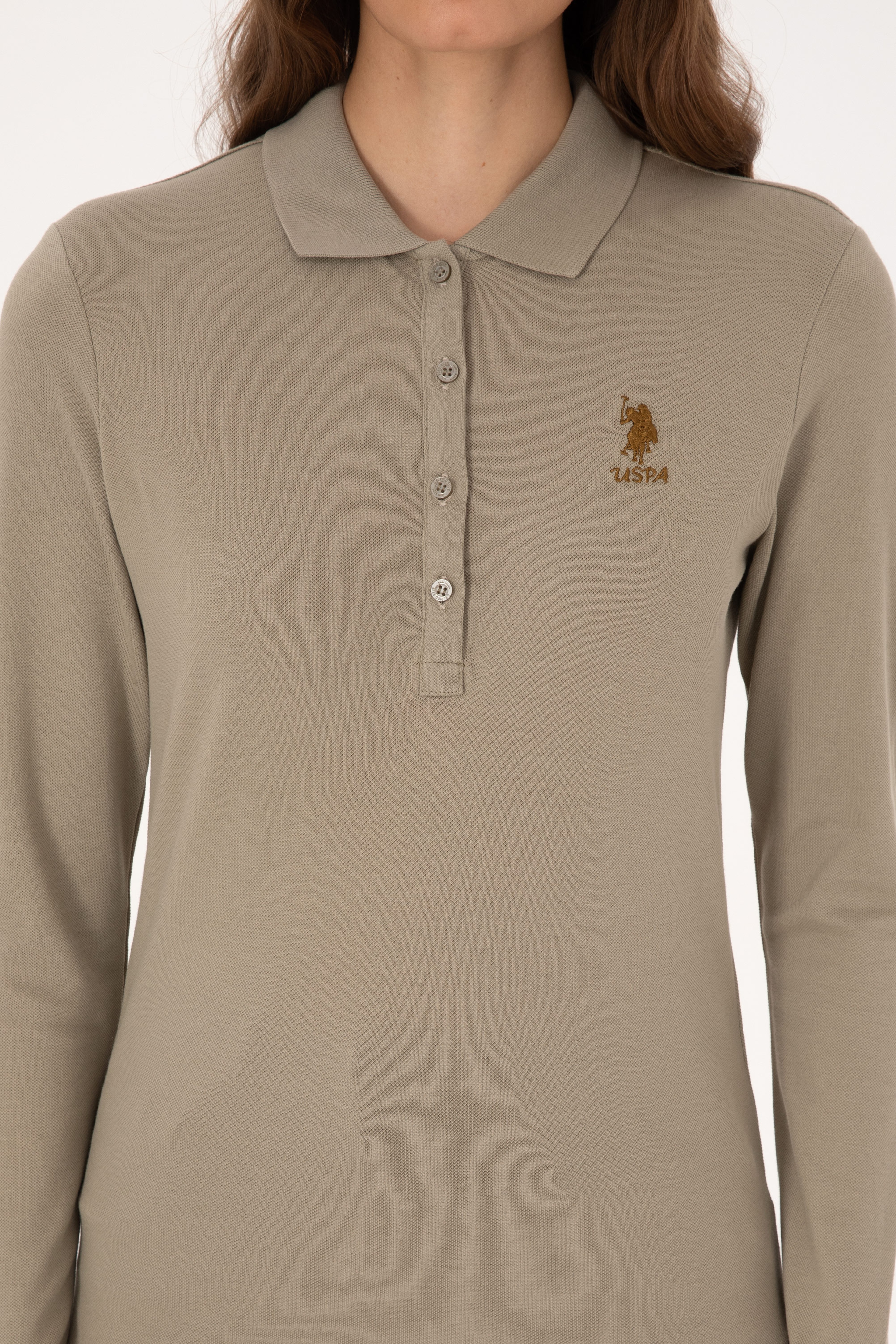 Kadın Açık Haki Basic Polo Yaka Sweatshırt - Image 6