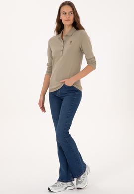 Kadın Açık Haki Basic Polo Yaka Sweatshırt - 50307755037