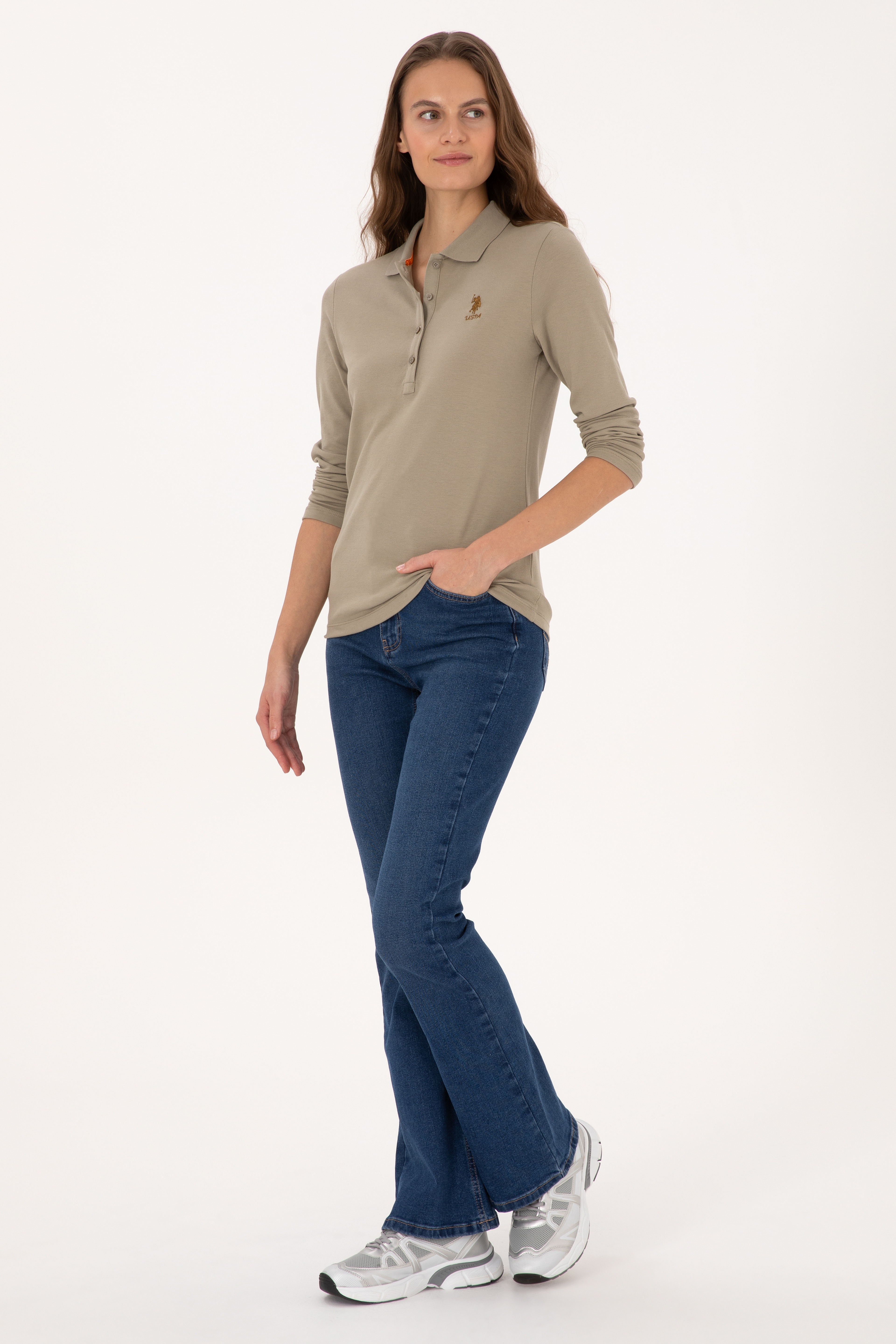Kadın Açık Haki Basic Polo Yaka Sweatshırt