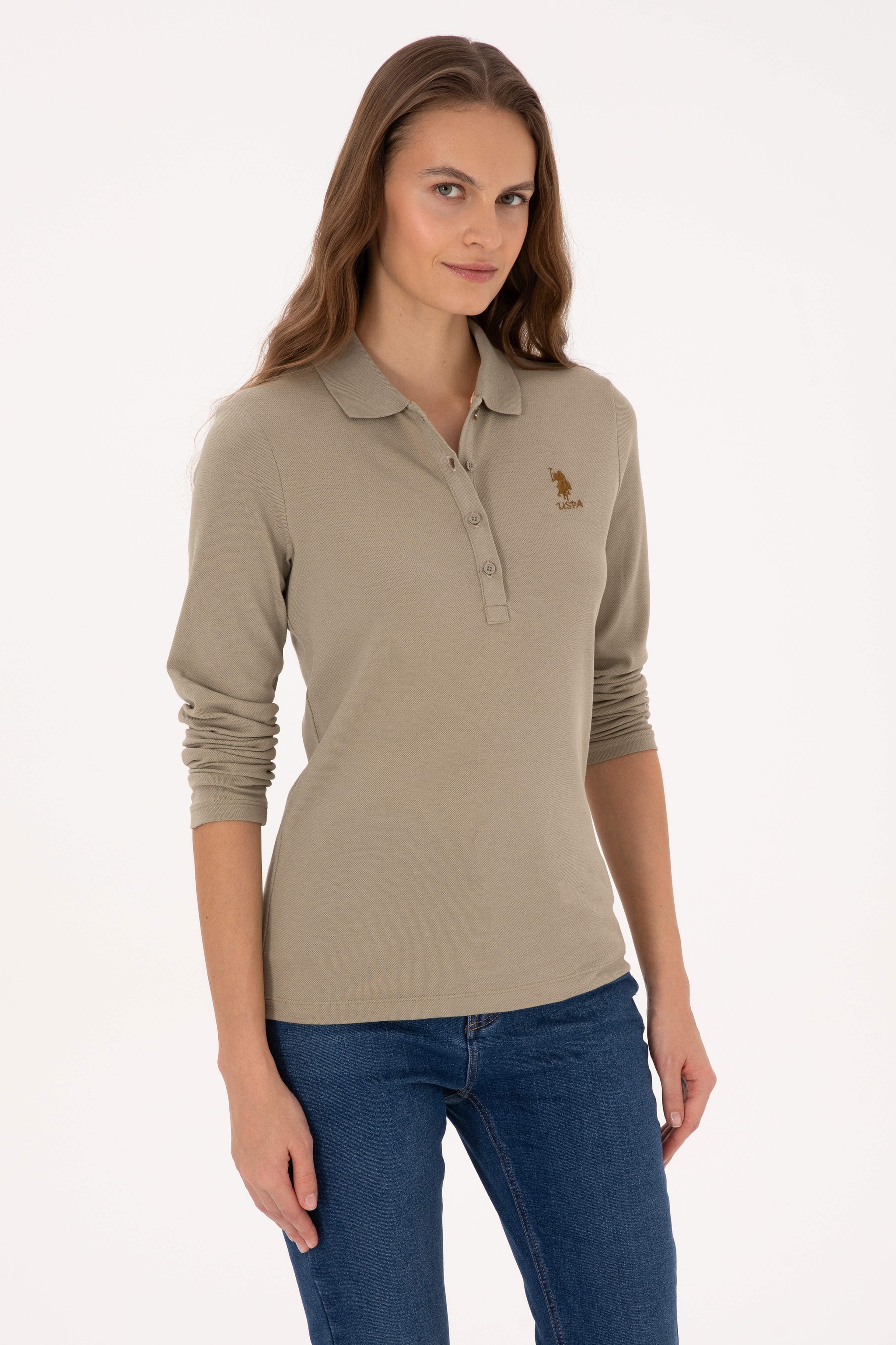 Kadın Açık Haki Basic Polo Yaka Sweatshırt