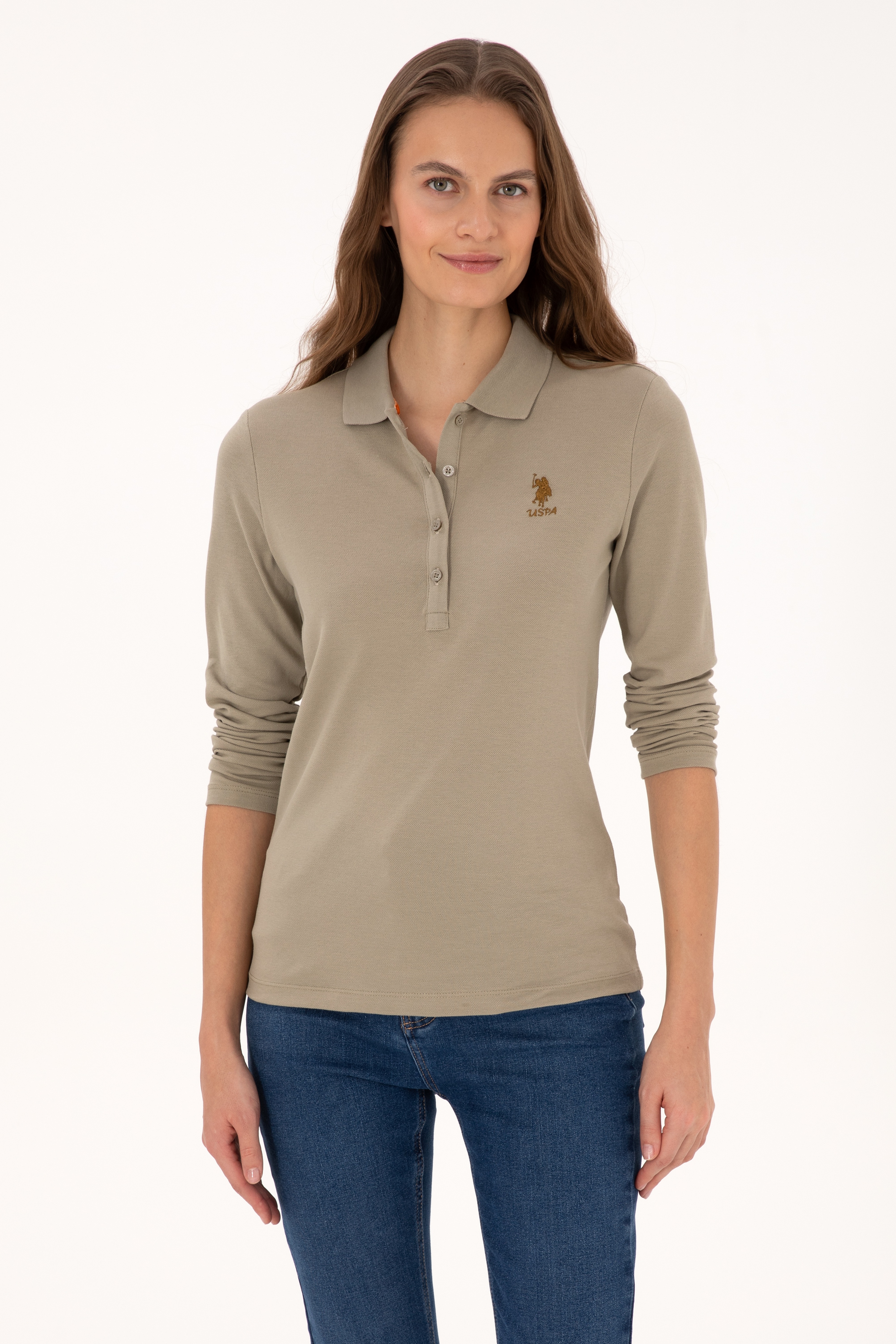 Kadın Açık Haki Basic Polo Yaka Sweatshırt