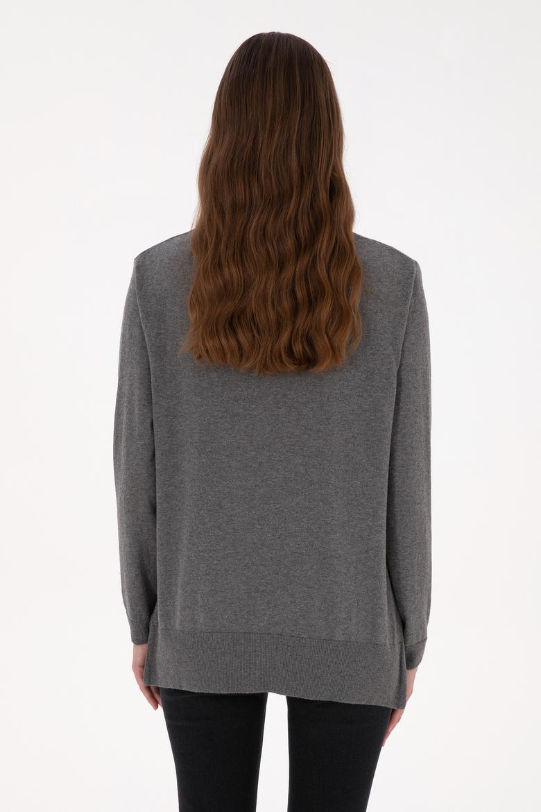 Kadın Gri Melanj Bisiklet Yaka Basic Kazak - 50313579055