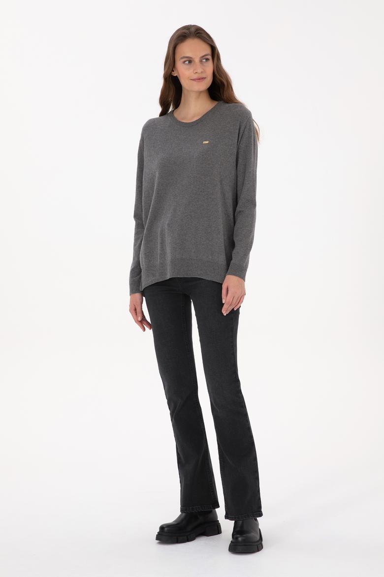 Kadın Gri Melanj Bisiklet Yaka Basic Kazak - 50313579055