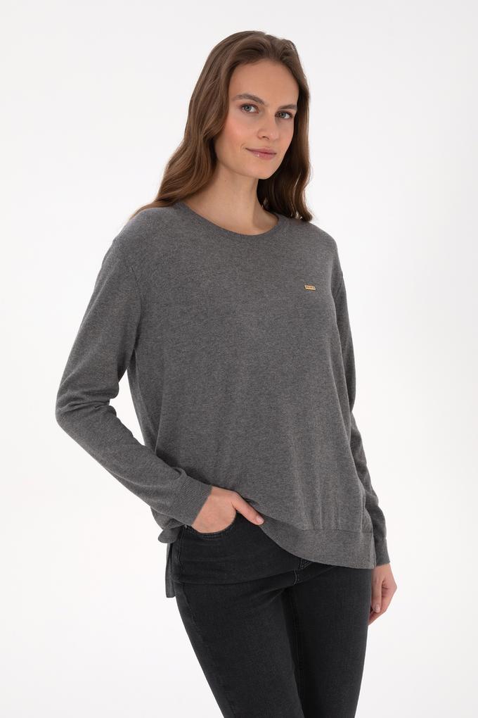 Kadın Gri Melanj Bisiklet Yaka Basic Kazak