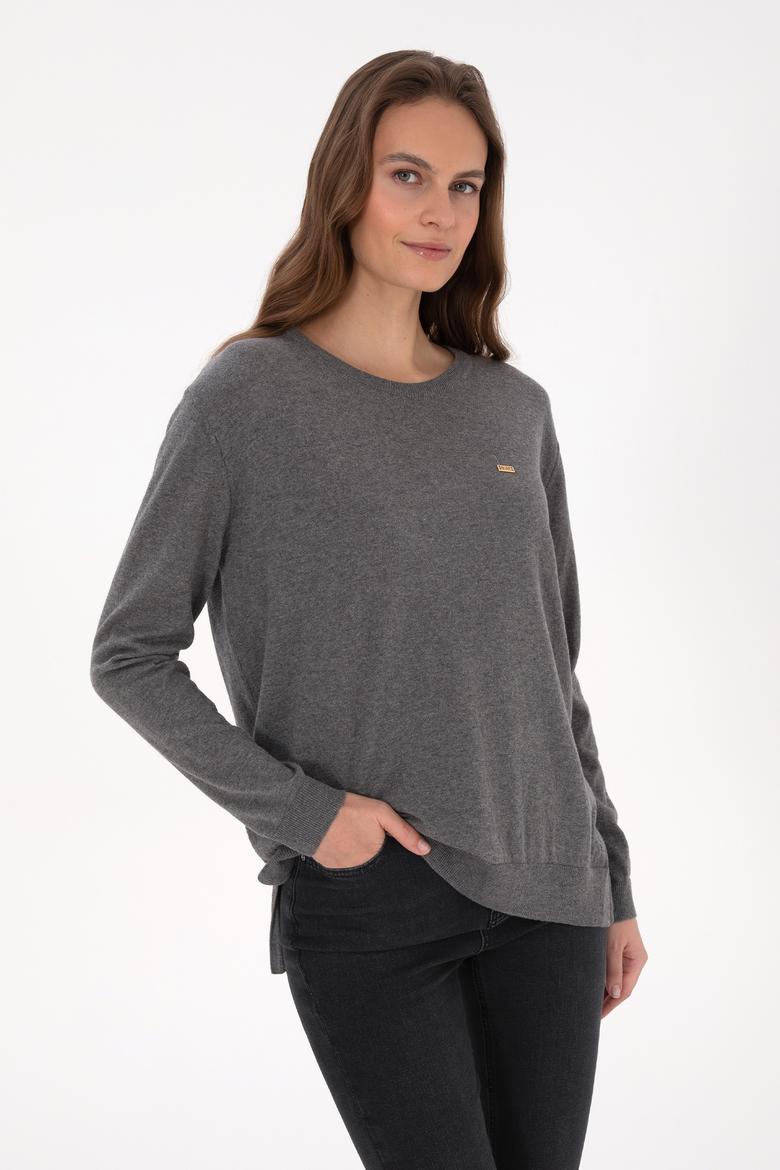 Kadın Gri Melanj Bisiklet Yaka Basic Kazak