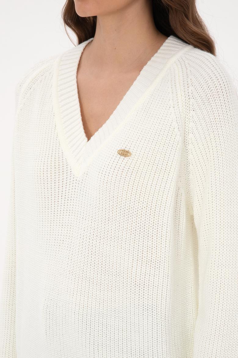 Kadın Krem V Yaka Kazak - 50314934005