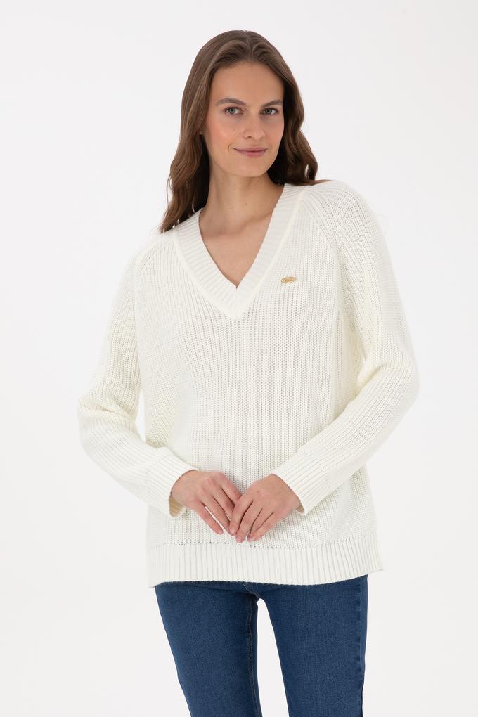 Kadın Krem V Yaka Kazak