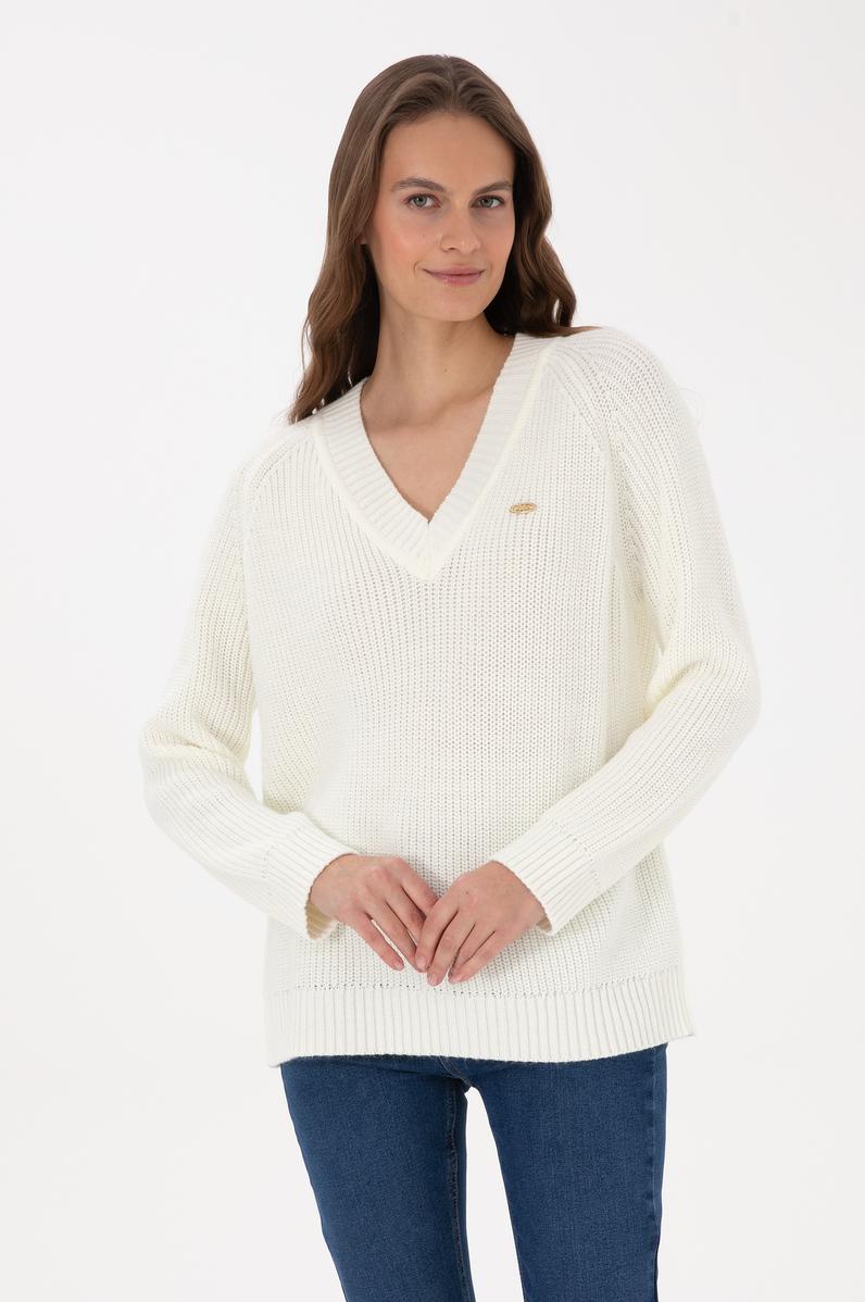 Kadın Krem V Yaka Kazak