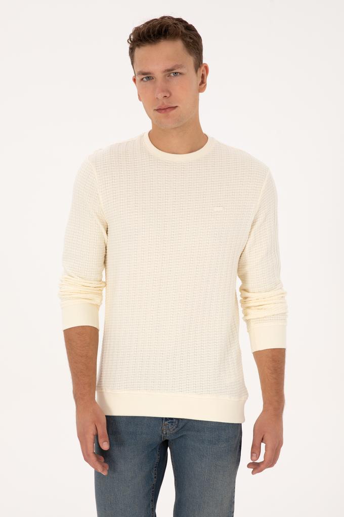 Erkek Regular Fit Bisiklet Yaka Desenli Krem Sweatshirt