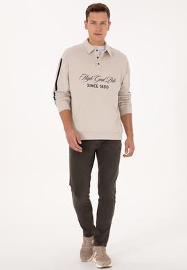 Erkek Oversize Fit Polo Yaka Taş Sweatshirt - 50308942018