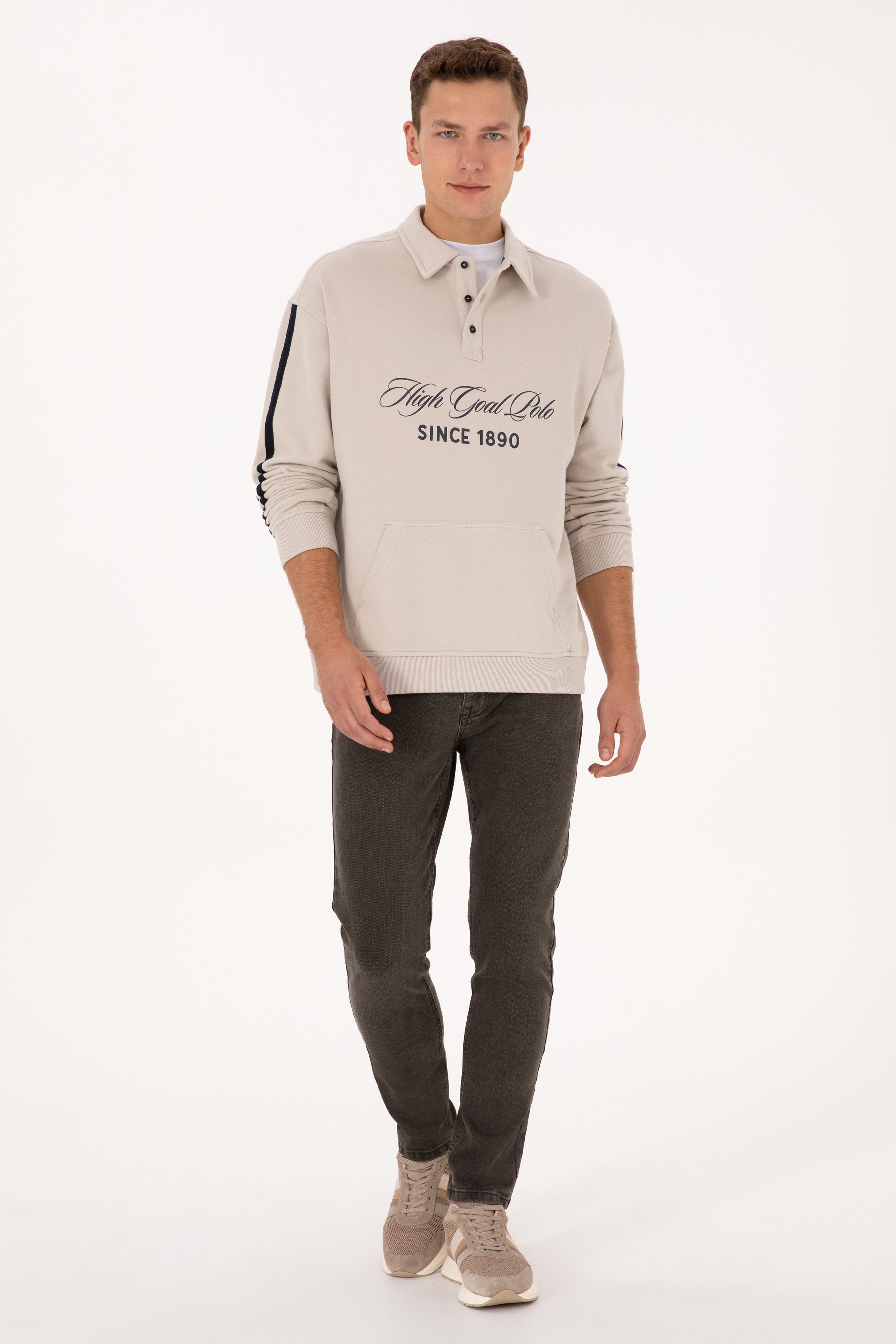 Erkek Oversize Fit Polo Yaka Taş Sweatshirt - Image 4