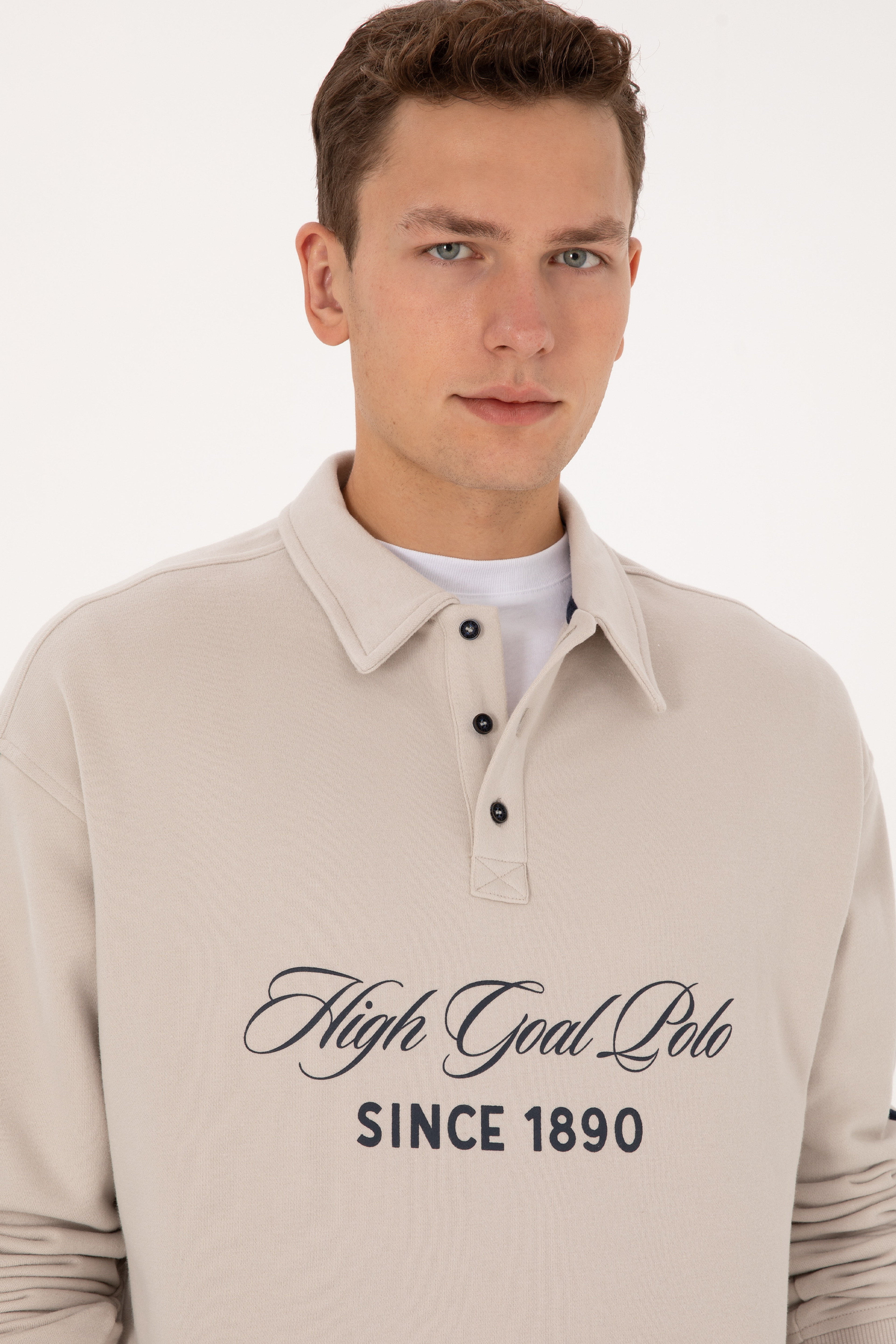 Erkek Oversize Fit Polo Yaka Taş Sweatshirt - Image 2