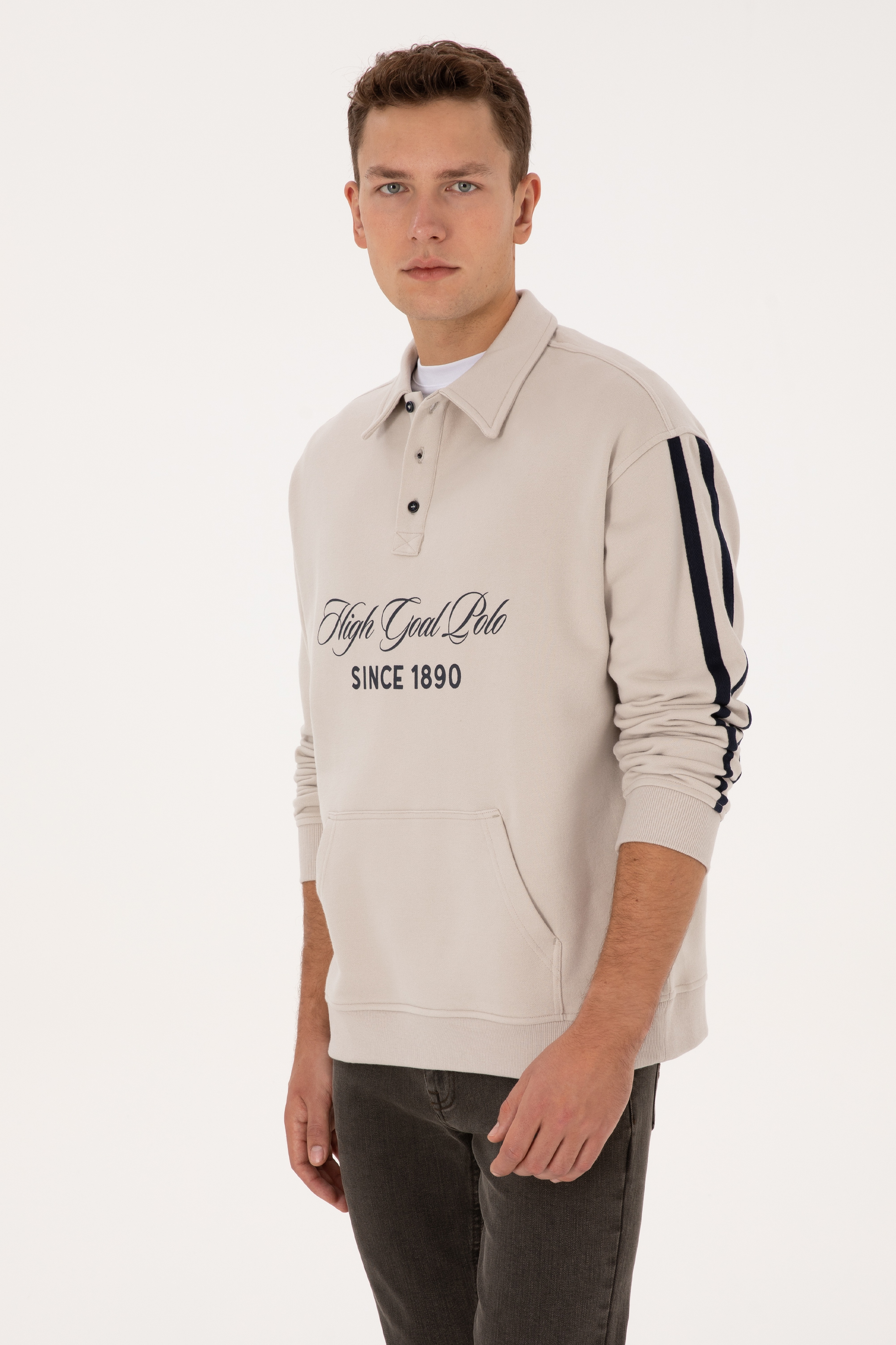 Erkek Oversize Fit Polo Yaka Taş Sweatshirt - Image 3