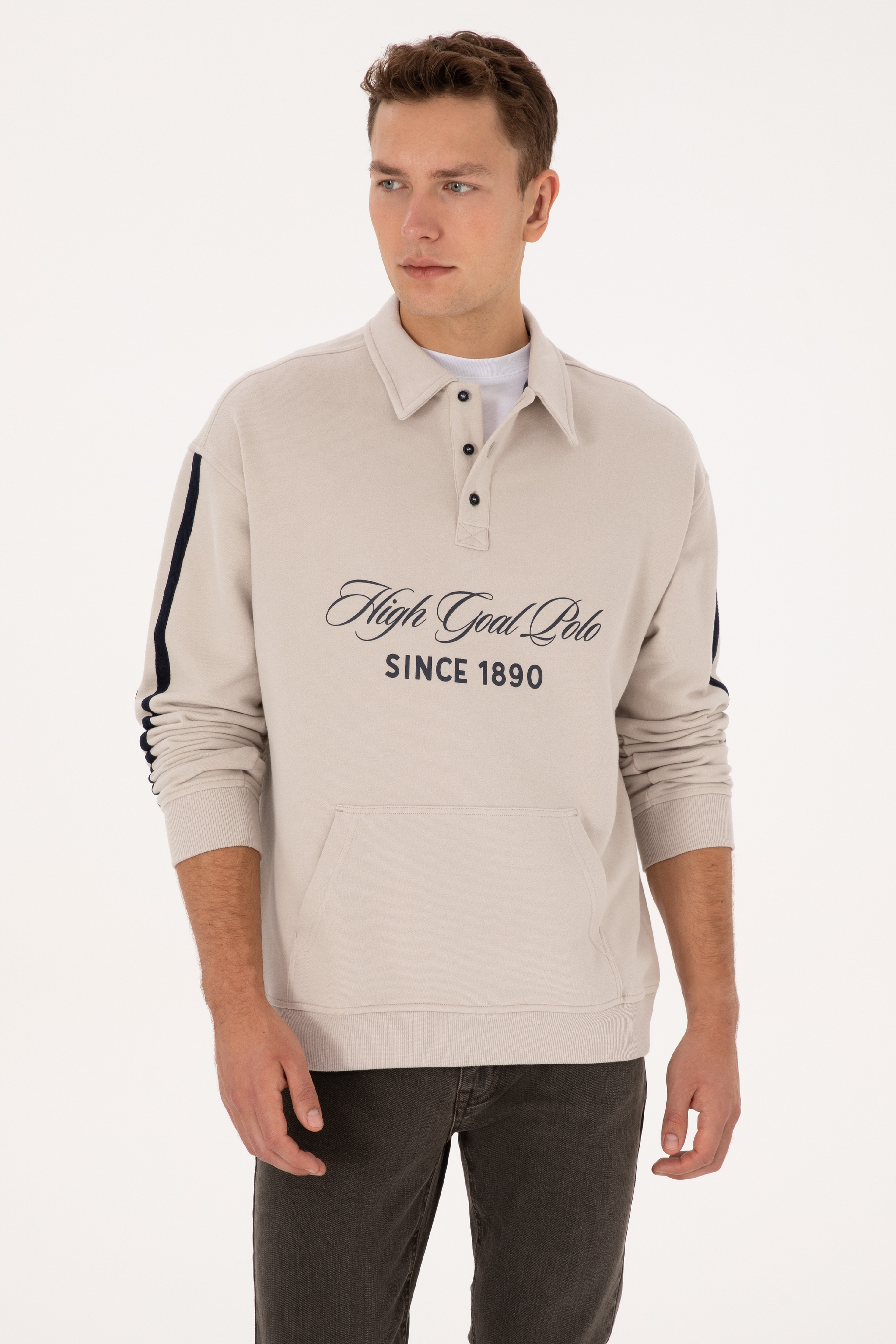 Erkek Oversize Fit Polo Yaka Taş Sweatshirt - Image 1